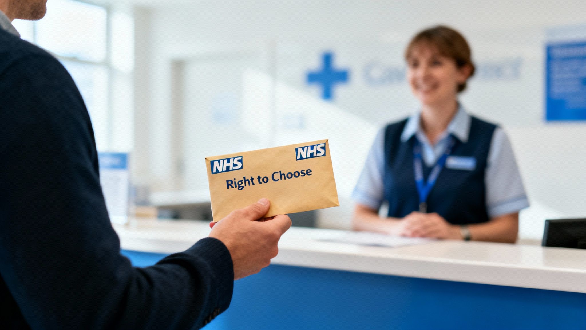 A person hands an 'NHS Right to Choose' envelope to a smiling receptionist at a clinic desk.