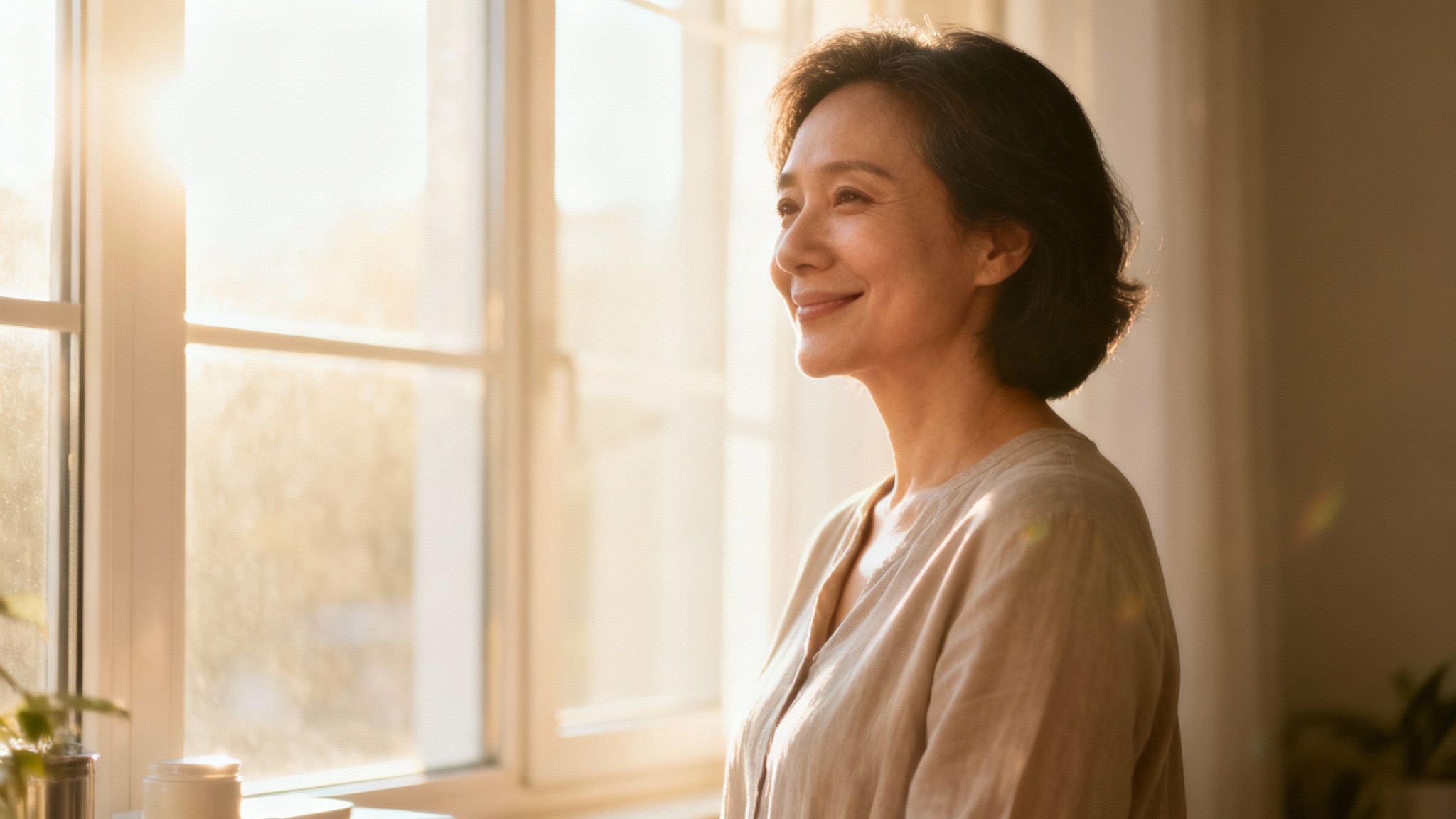 An older Asian woman smiling and looking out a sunlit window, enjoying the warm light.