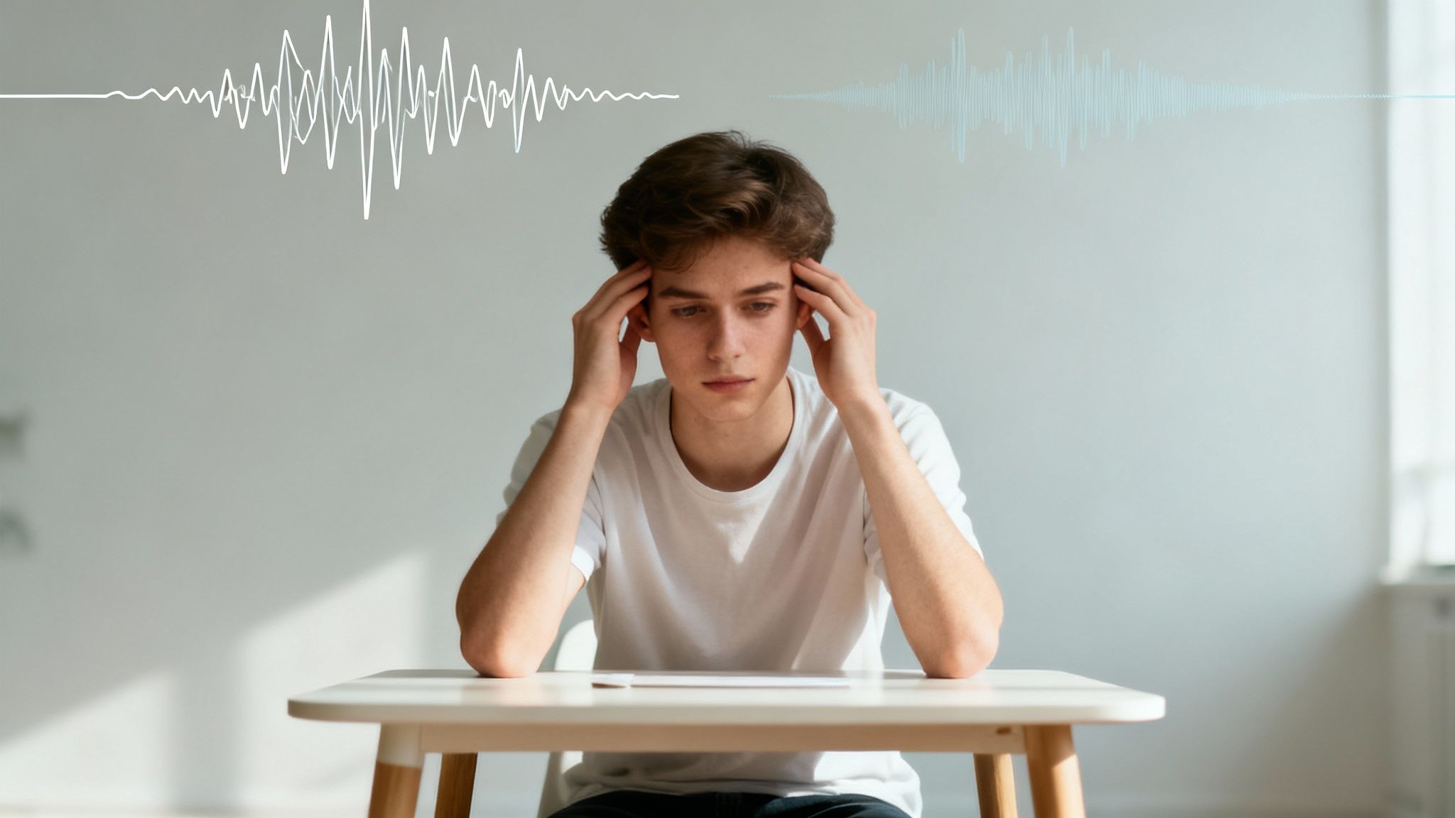 A stressed teenage boy sits at a table, holding his head, with abstract waveforms.