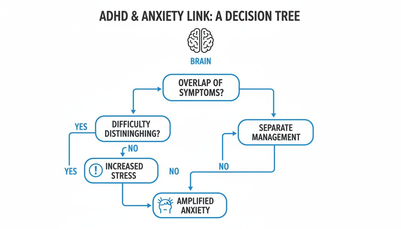 Decision tree flowchart illustrating the link between ADHD and anxiety, showing symptom overlap and pathways to amplified anxiety.