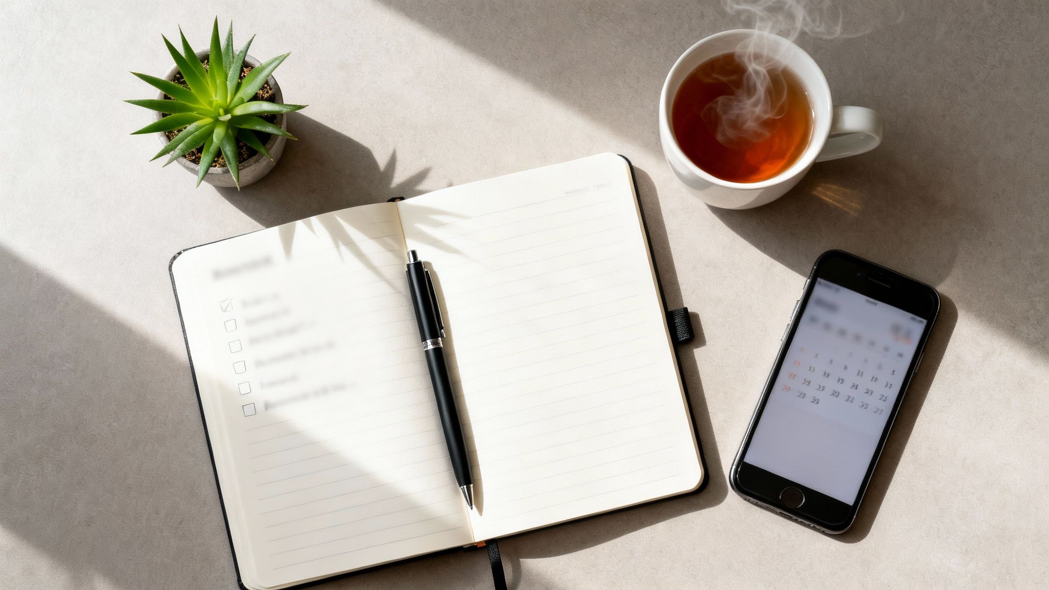 Flat lay of a desk with an open notebook, pen, plant, steaming tea, and smartphone with calendar.