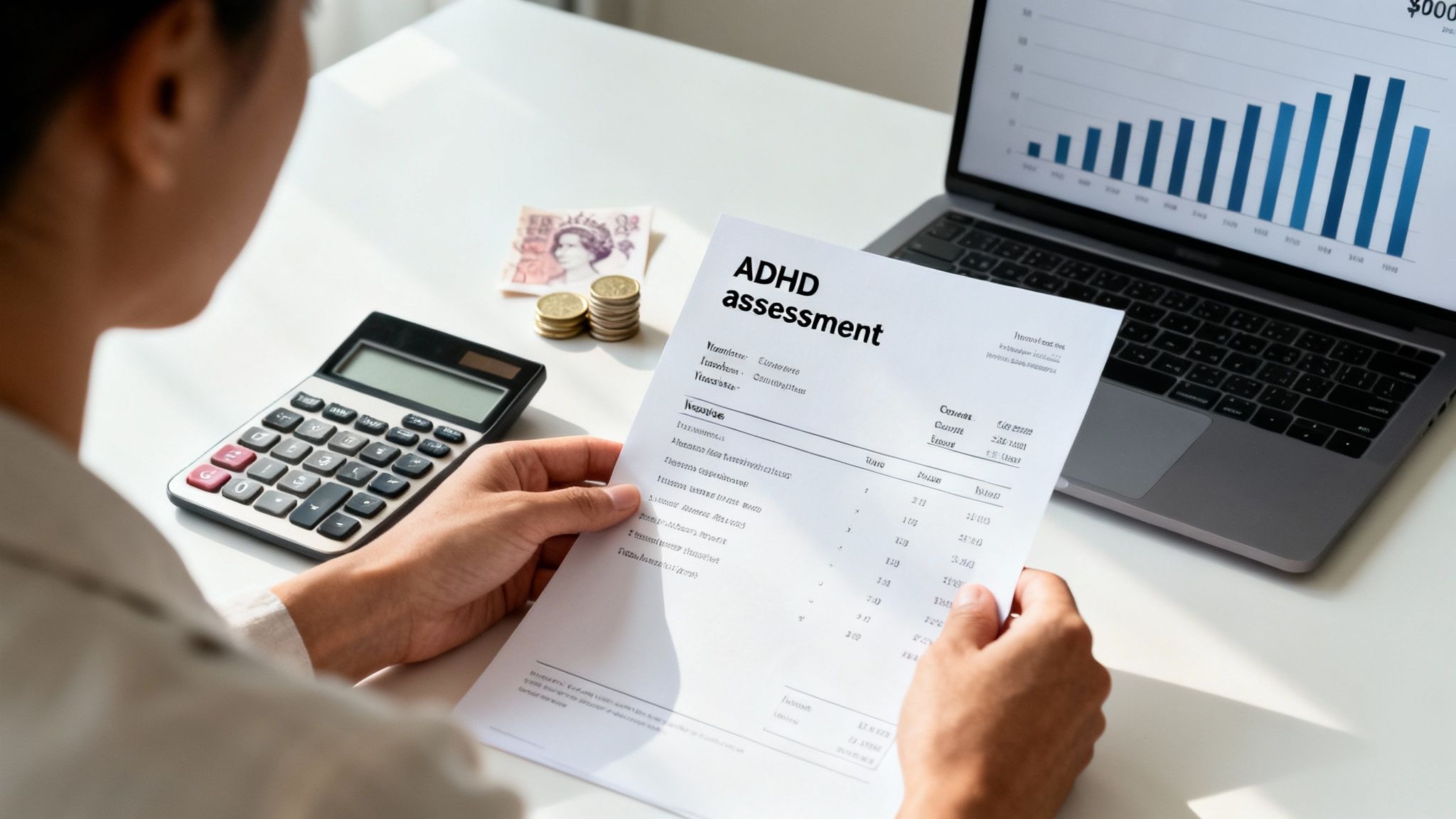 Person holding an ADHD assessment document with a calculator, money, and laptop on a desk.