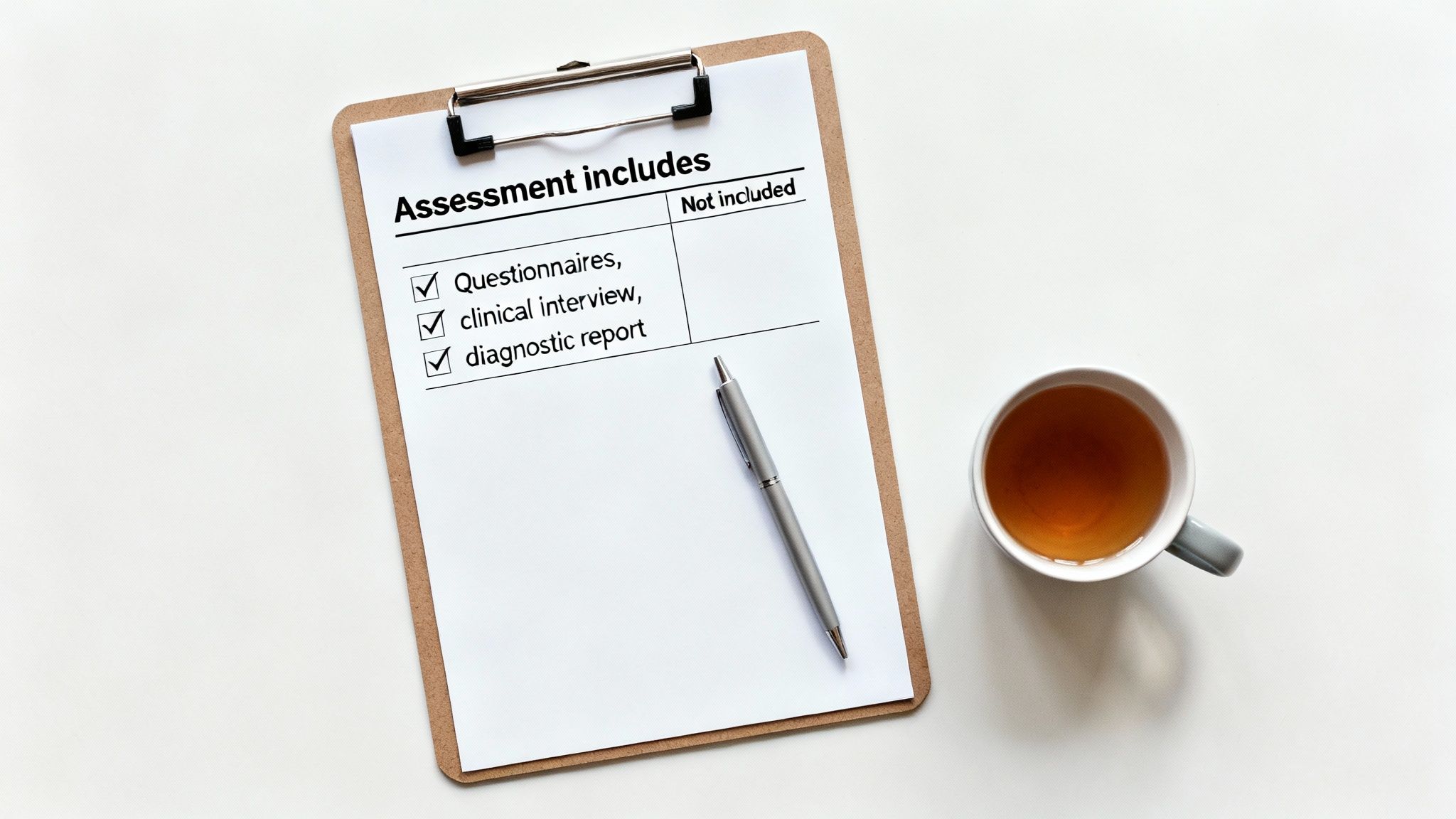 Clipboard with assessment checklist (questionnaires, clinical interview, diagnostic report) with a pen and a cup of tea.