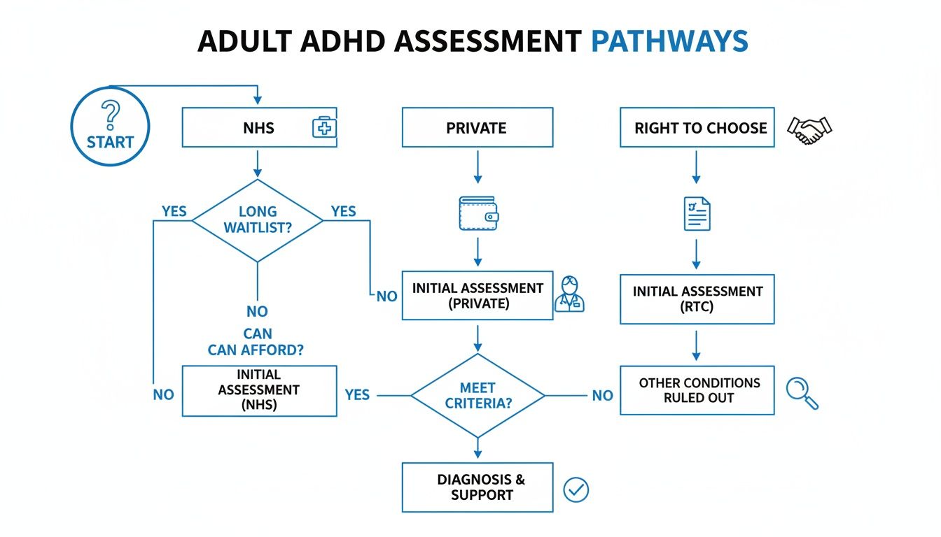 Flowchart detailing adult ADHD assessment pathways, including NHS, private, and right to choose options, leading to diagnosis.