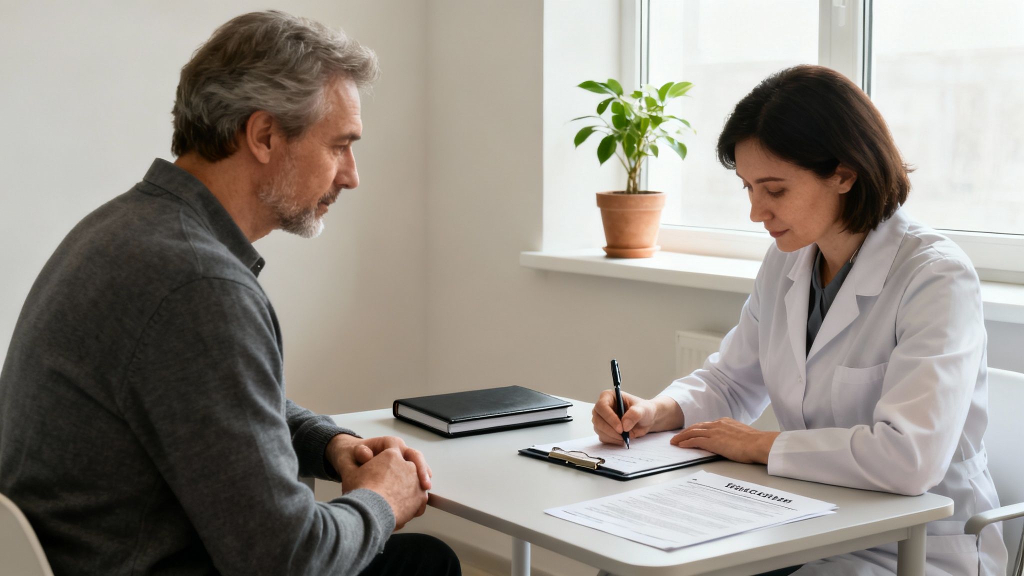 A female doctor in a white coat writes on a clipboard while a male patient sits across from her during a consultation.