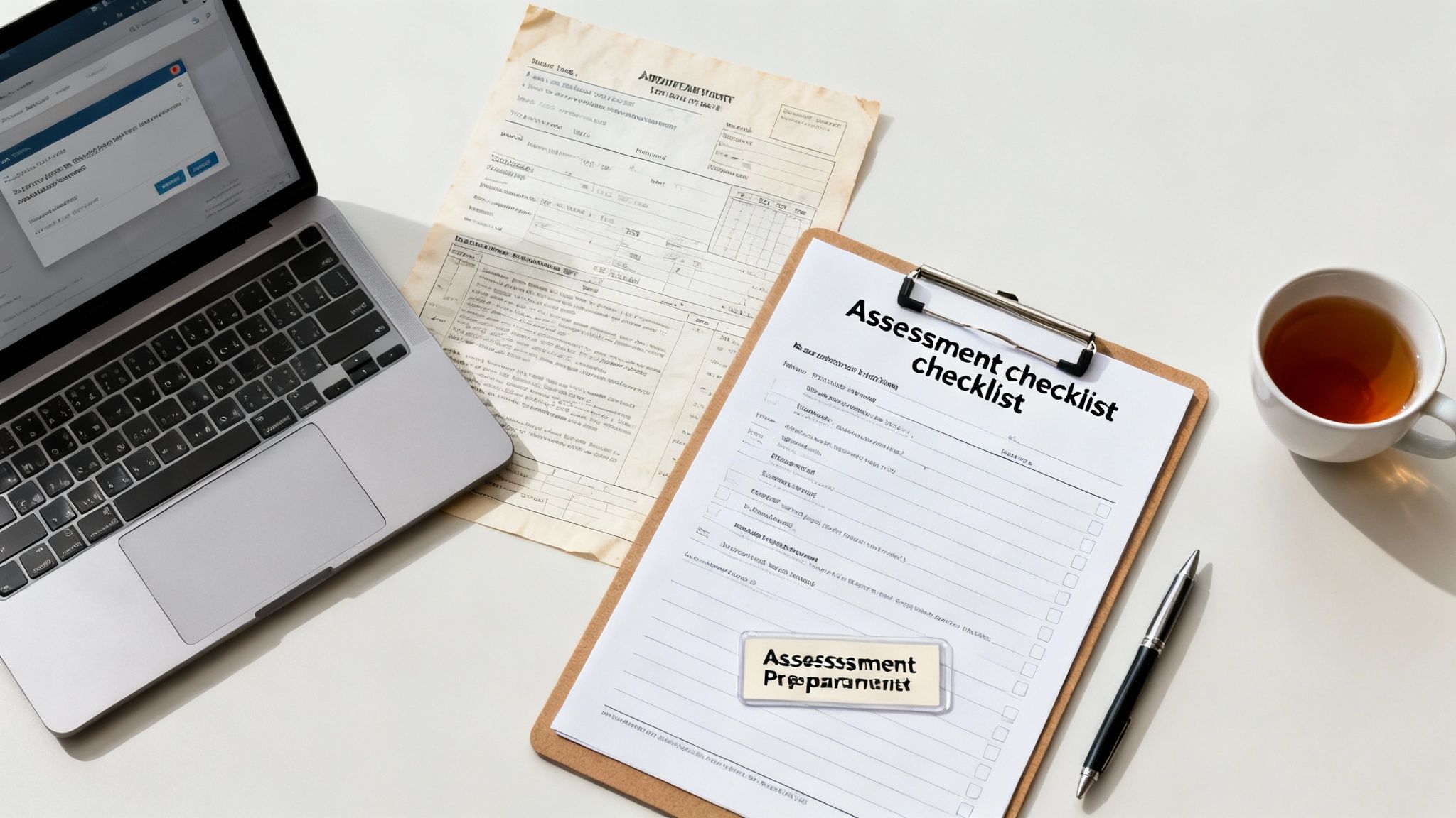 A desk with a laptop, assessment checklist on a clipboard, documents, pen, and a cup of tea.
