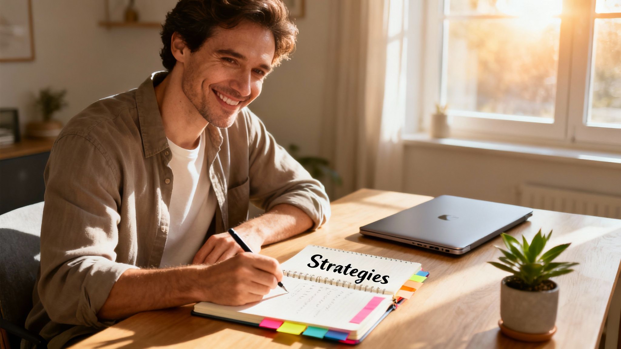 A smiling man writing 'Strategies' in a notebook on a sunny desk with a laptop.