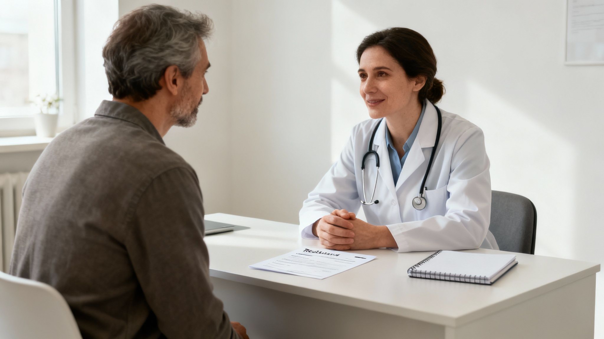 A smiling female doctor talks with a male patient at a desk in a well-lit clinic.
