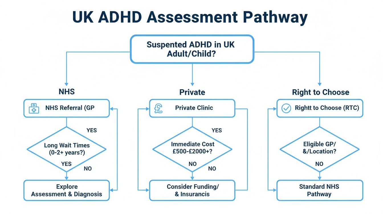 Flowchart illustrating the UK ADHD assessment pathway for adults and children via NHS, private, and Right to Choose.
