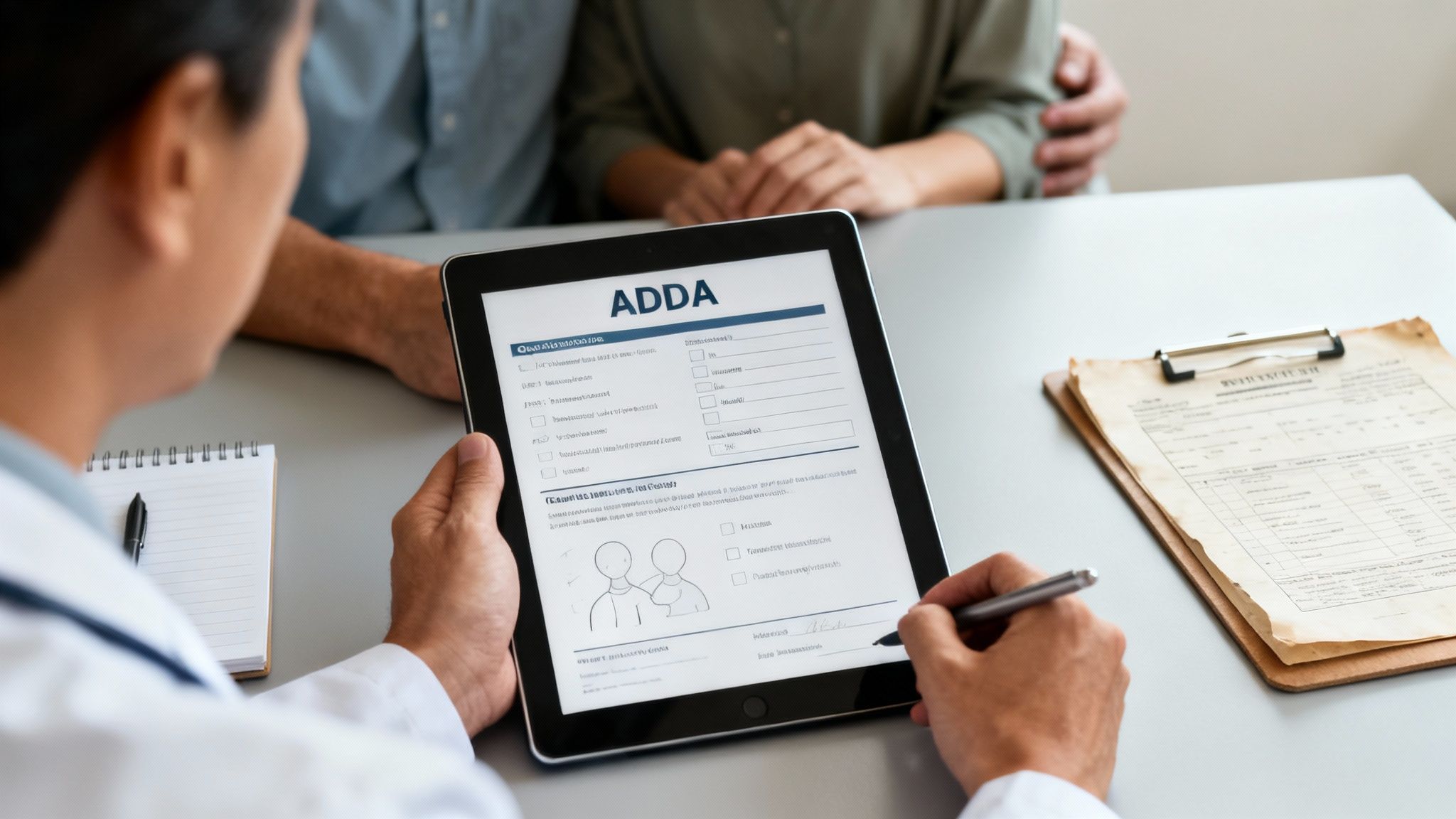 A doctor signs a digital ADDA form on a tablet during a medical consultation.
