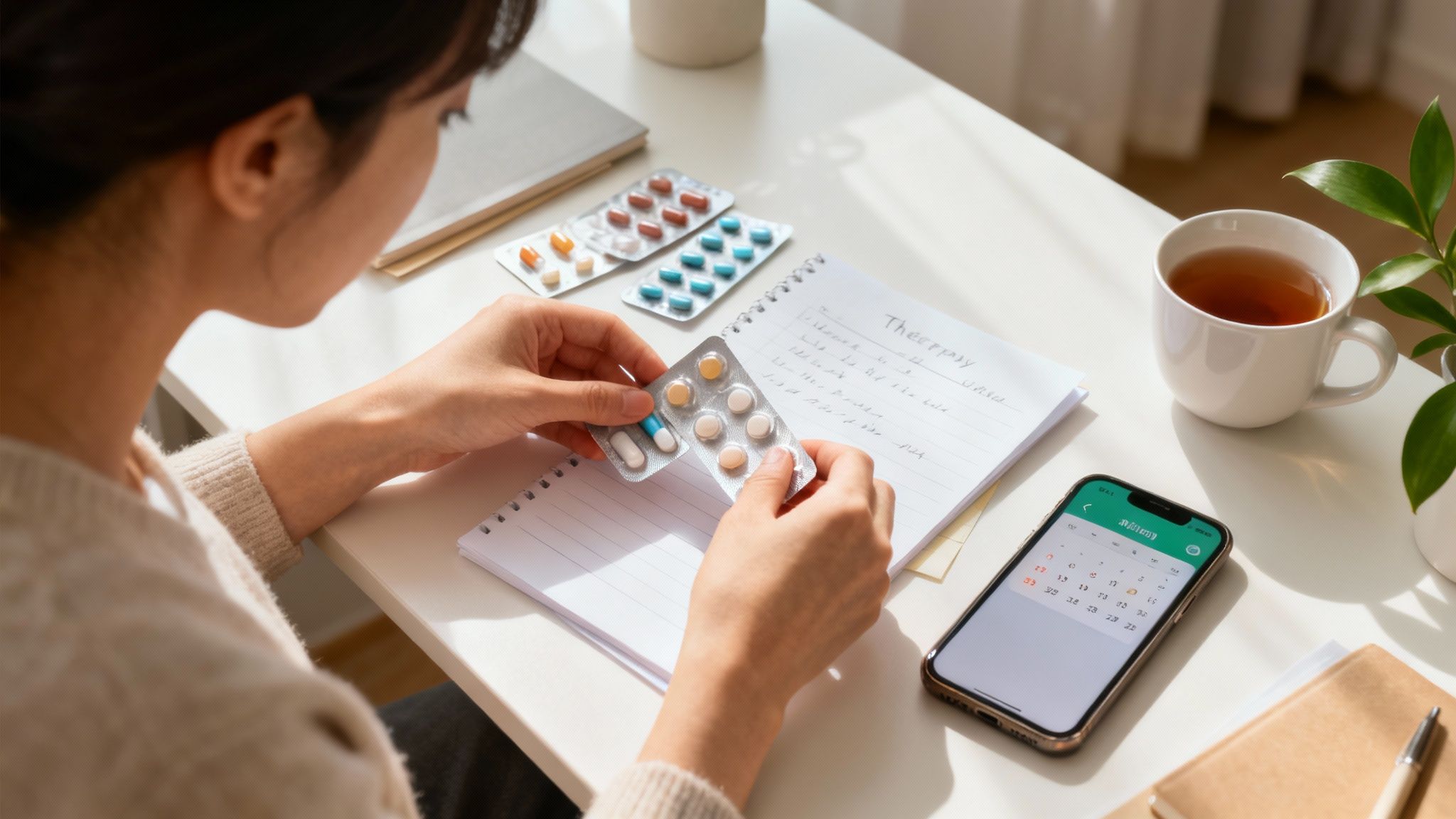 A person holds blister packs of pills at a desk with a notebook, phone, and tea, managing medication.