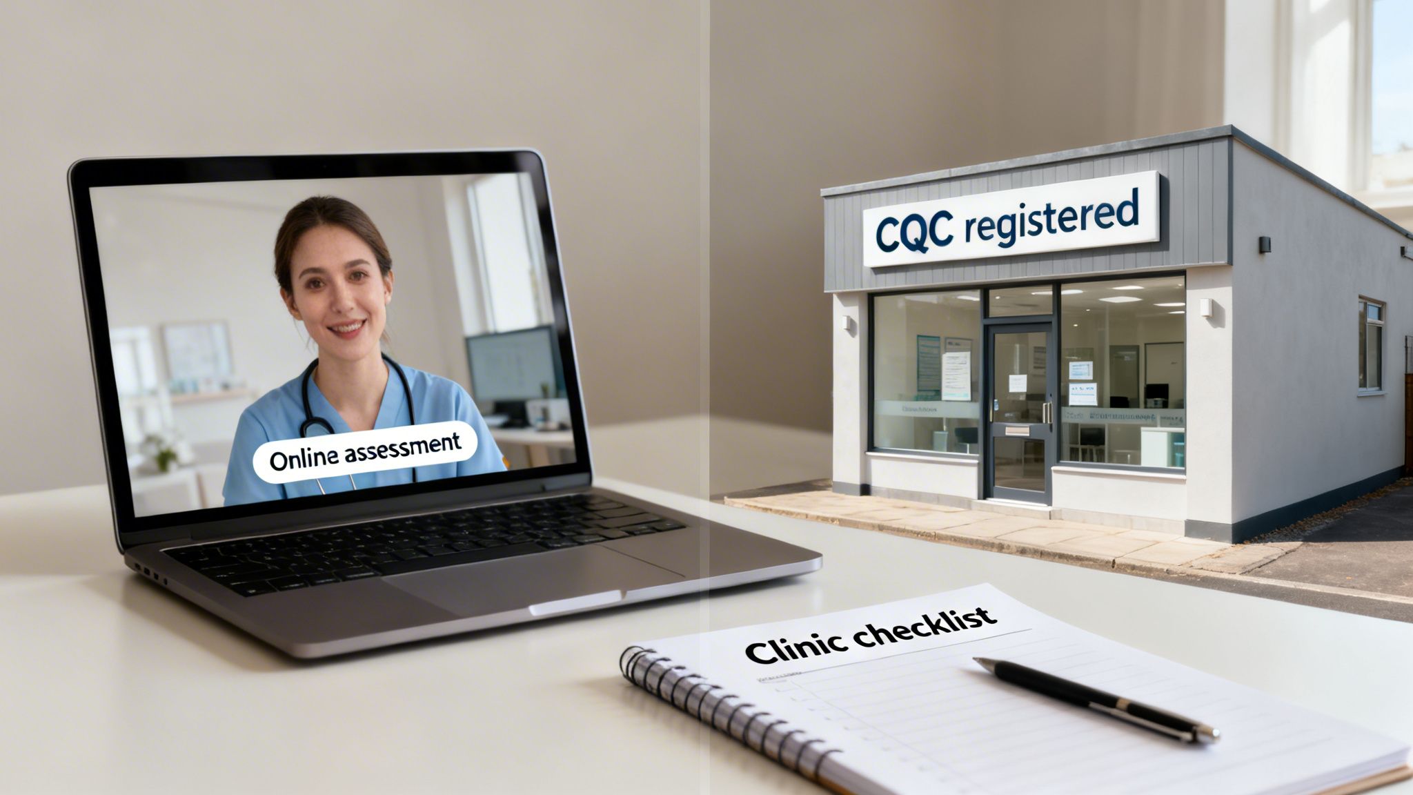 Laptop showing an online medical assessment, alongside a CQC registered clinic model and a clinic checklist.