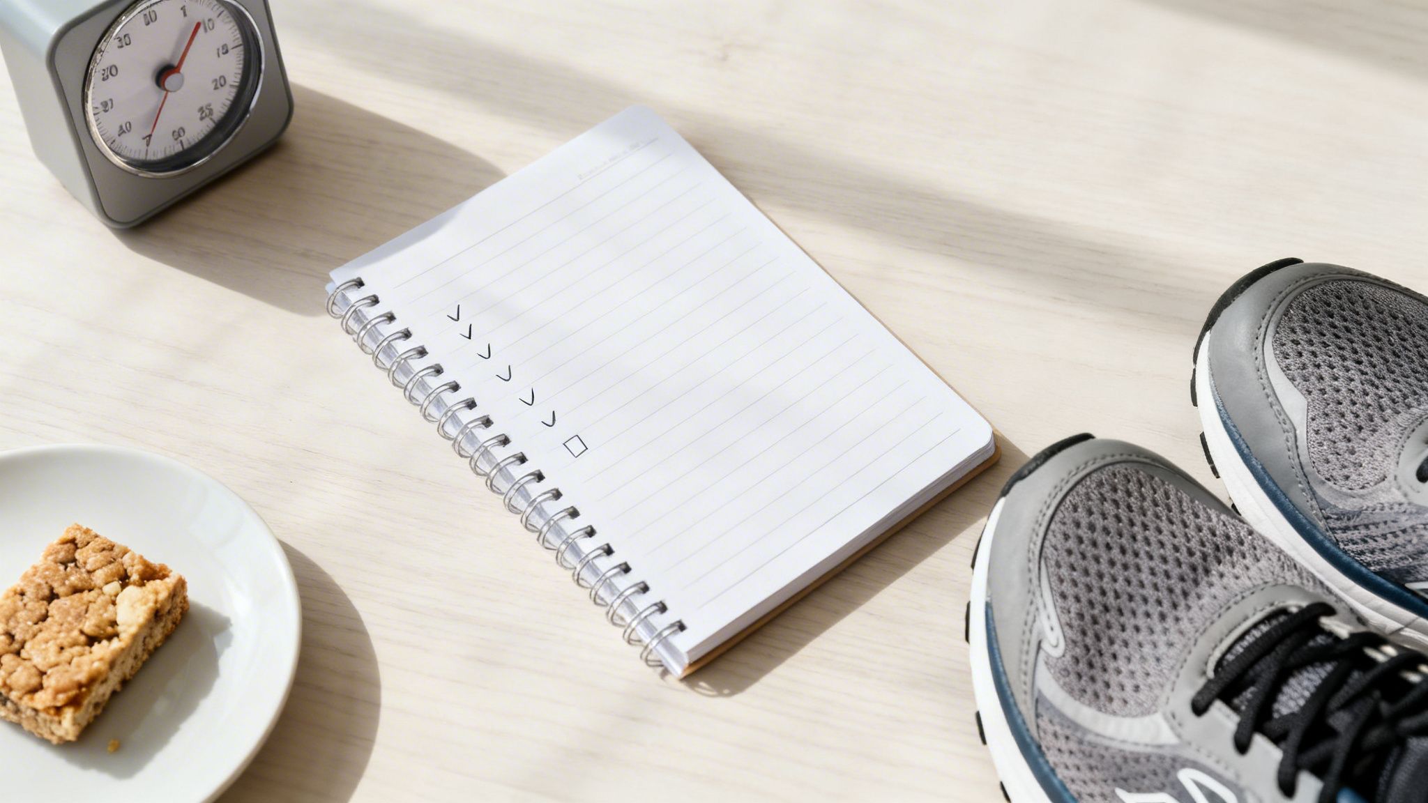A flat lay shows a notebook with a checklist, running shoes, a timer, and a snack bar.