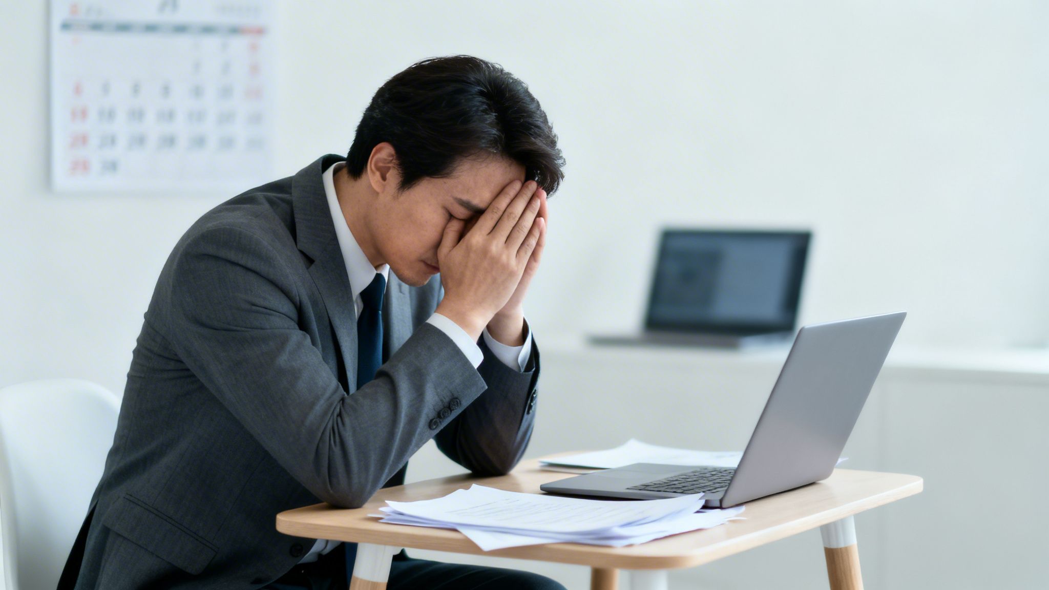 An Asian businessman, stressed and overwhelmed, covers his face while sitting at an office desk.