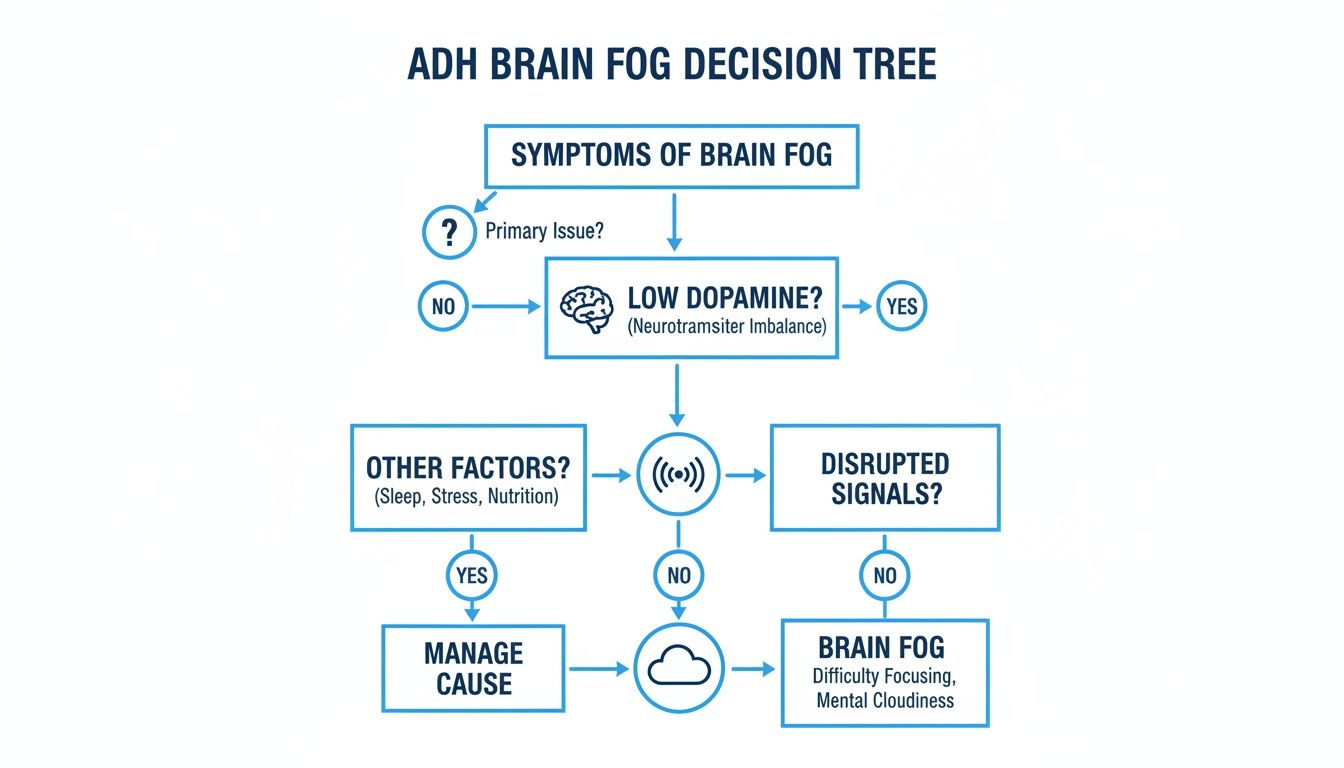 Flowchart illustrating an ADH brain fog decision tree, identifying causes and solutions.