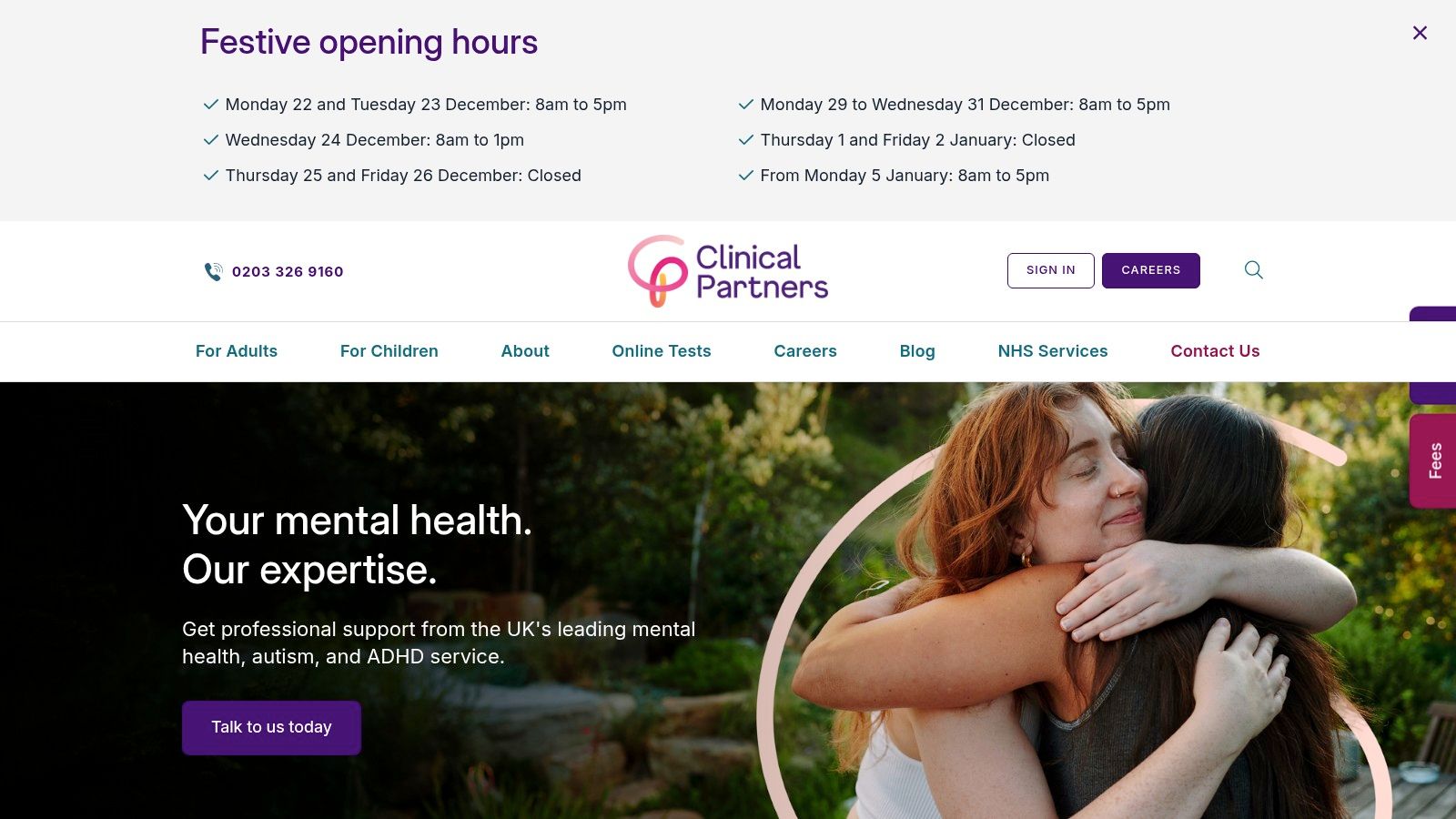 The Clinical Partners website homepage, highlighting their focus on mental health services including ADHD assessments.