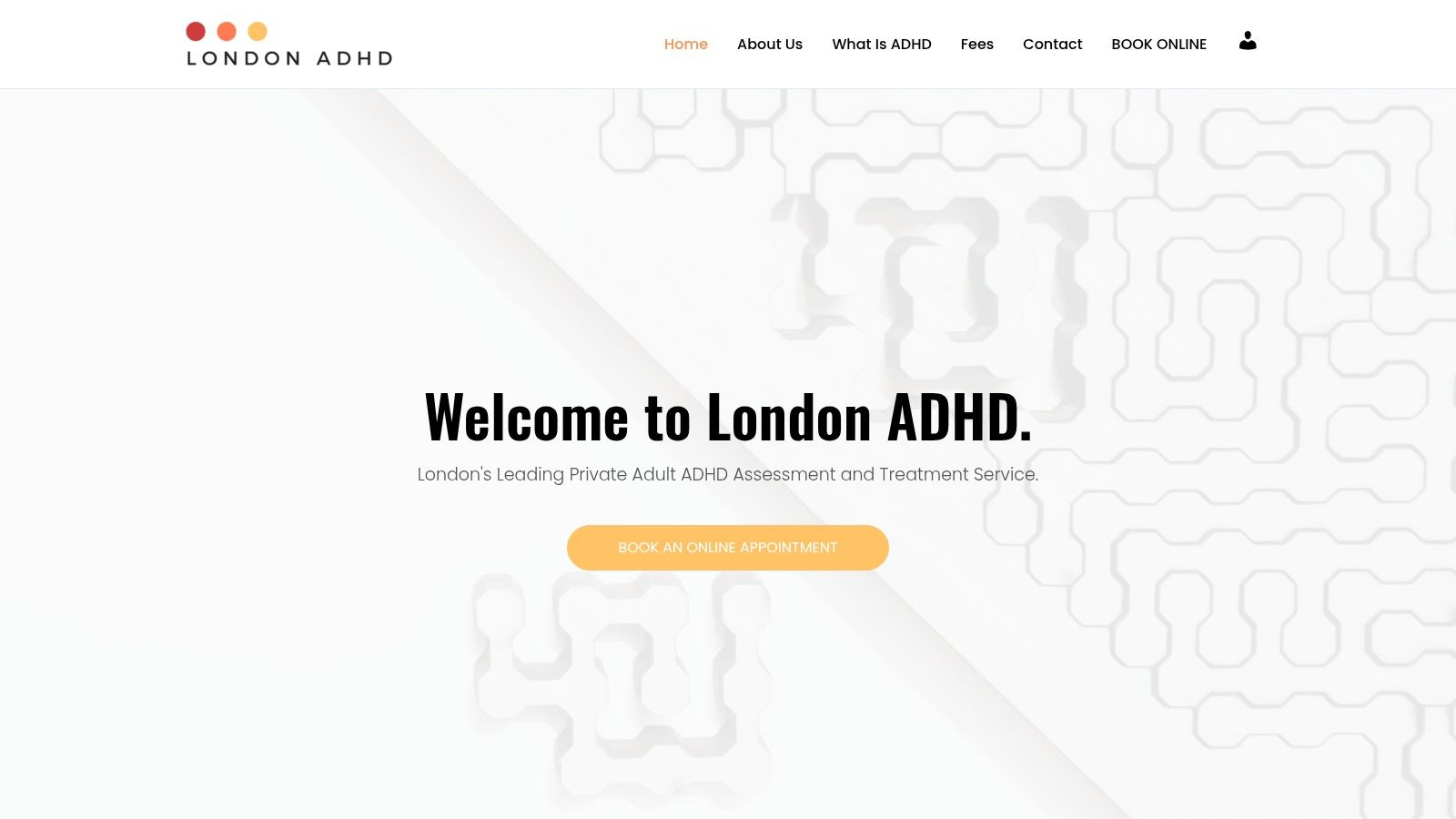 An image of the London ADHD Clinic website homepage, showing a clean interface and key service information.