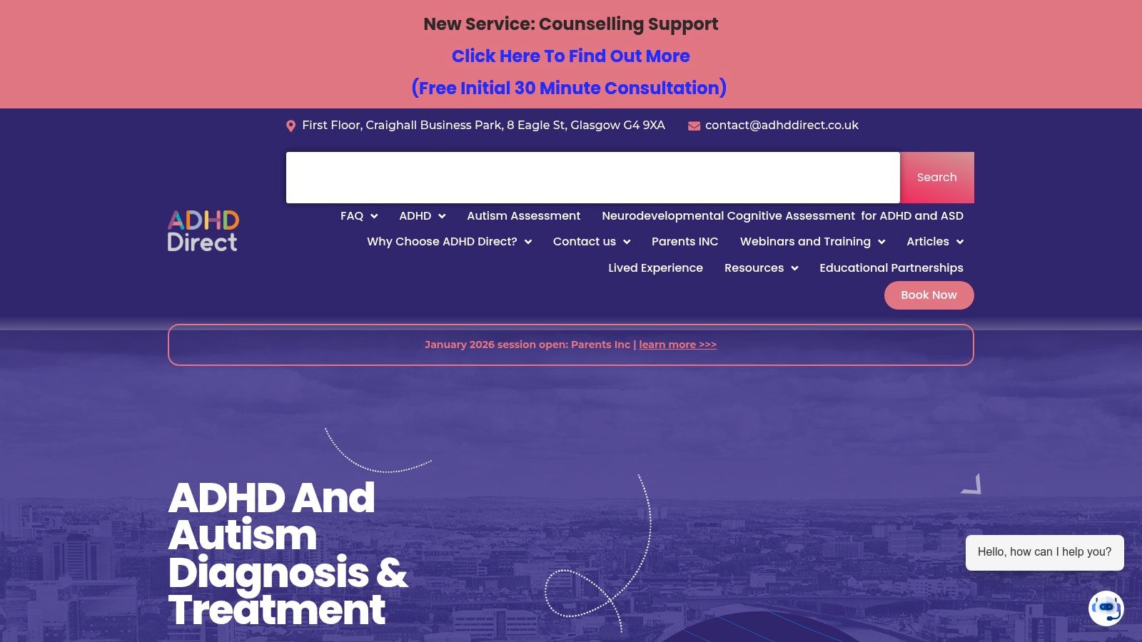 An image of the ADHD Direct website homepage, showing their contact information and service offerings.