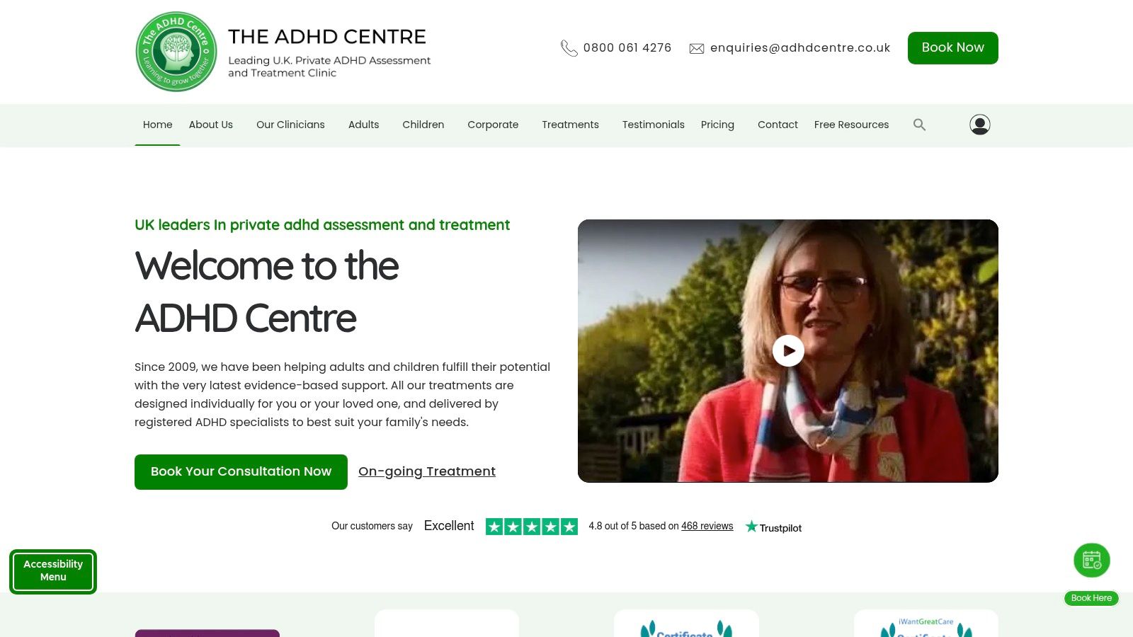 The ADHD Centre homepage, showing a professional and welcoming interface for users seeking ADHD support.
