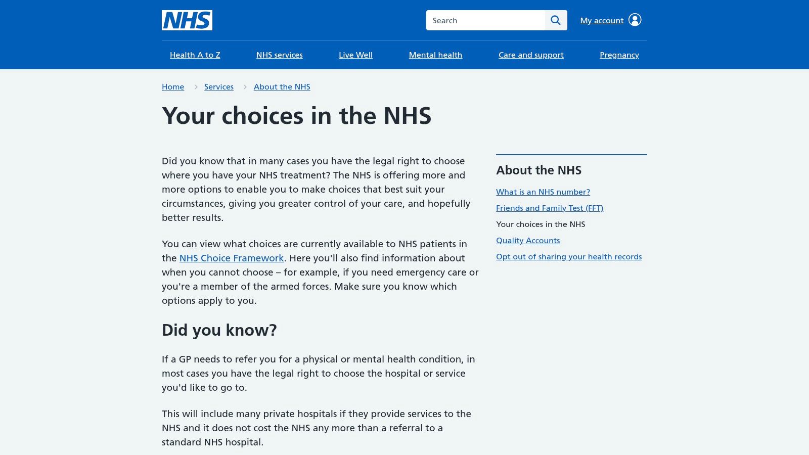 A screenshot of the official NHS webpage explaining patient choices within the NHS system, relevant for ADHD assessments.