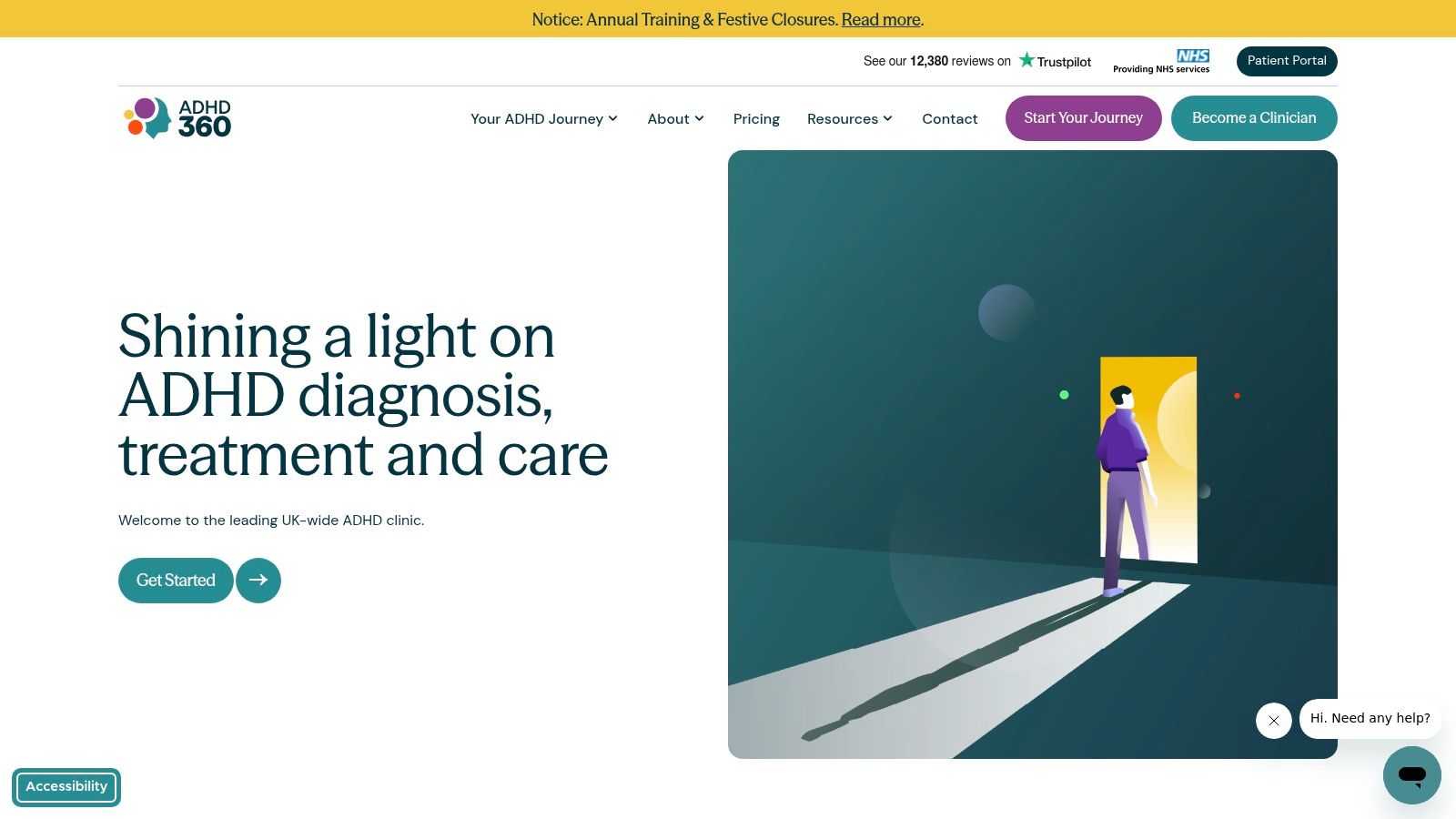 An image of the ADHD 360 homepage, showing their branding and service offerings for ADHD care.