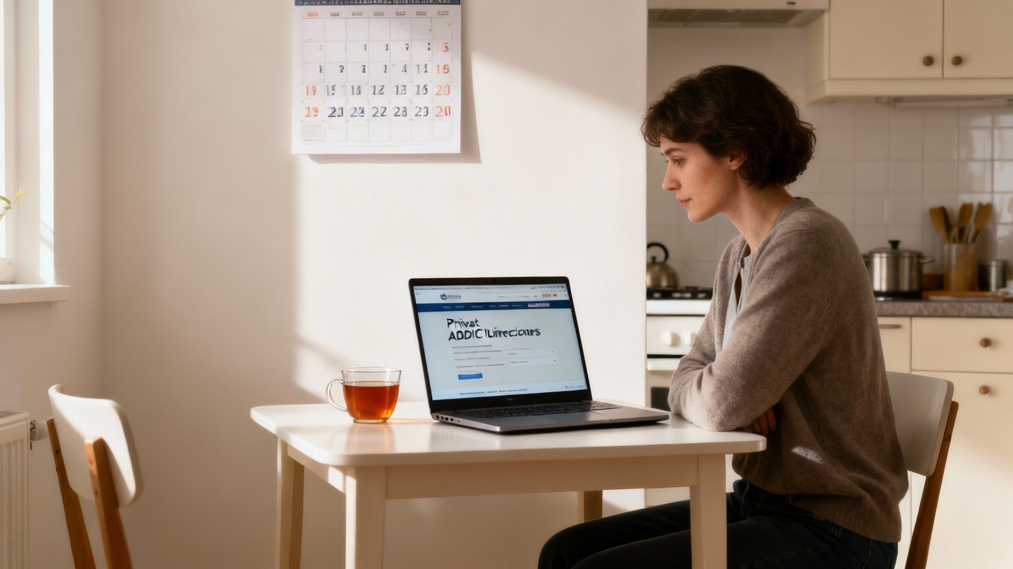 Woman looking at a laptop screen at a table with tea, possibly researching ADHD diagnosis.