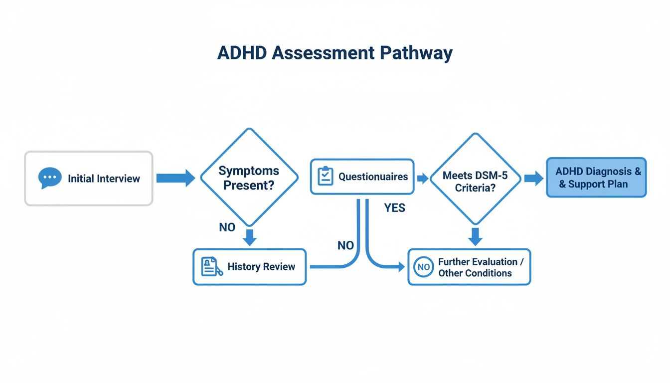 Flowchart detailing the ADHD assessment pathway, including interviews, symptom checks, questionnaires, and diagnostic criteria.