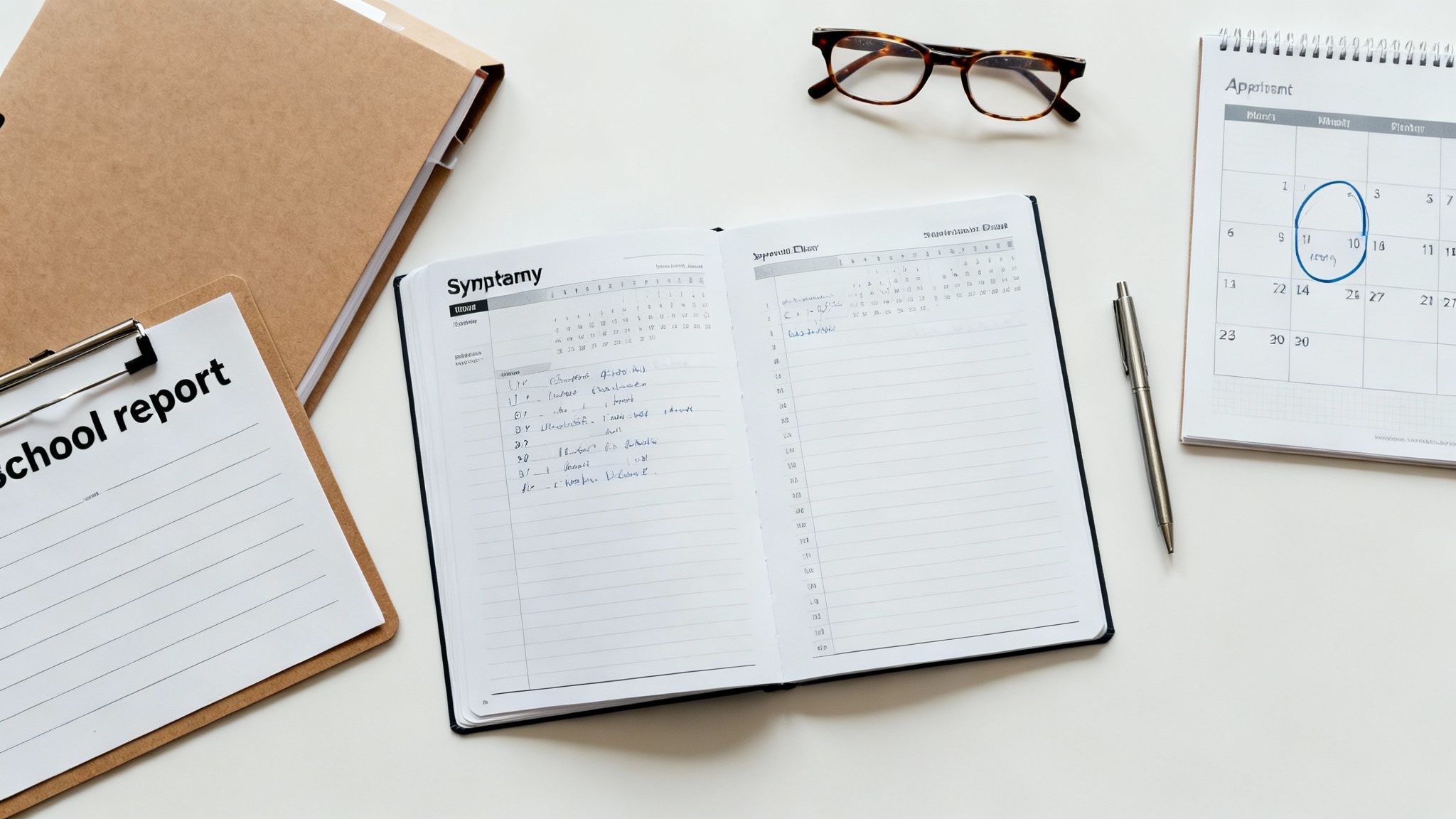 Overhead view of a white desk with a school report, open planner, calendar, pen, and eyeglasses.