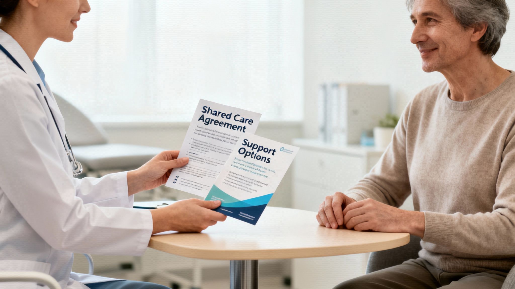 Doctor discusses shared care and support options, handing pamphlets to a smiling male patient.