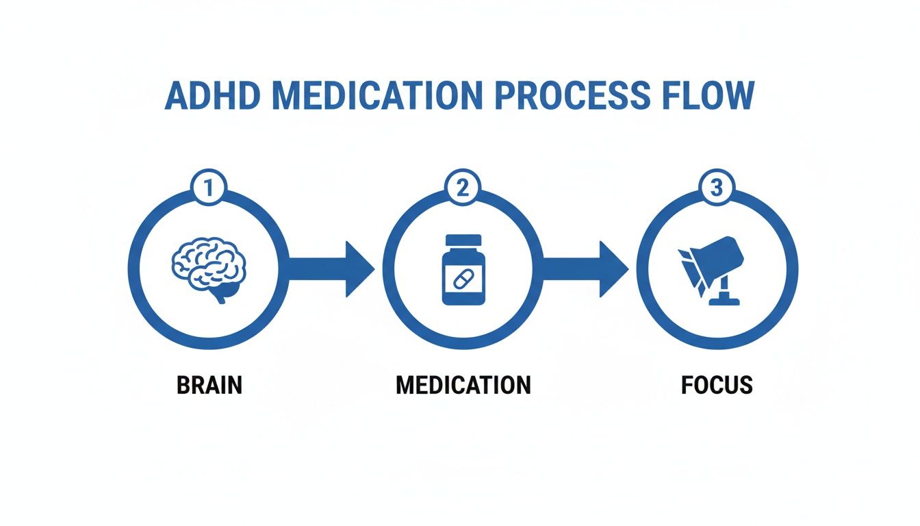 An infographic illustrating the ADHD medication process flow from brain to focus using icons.