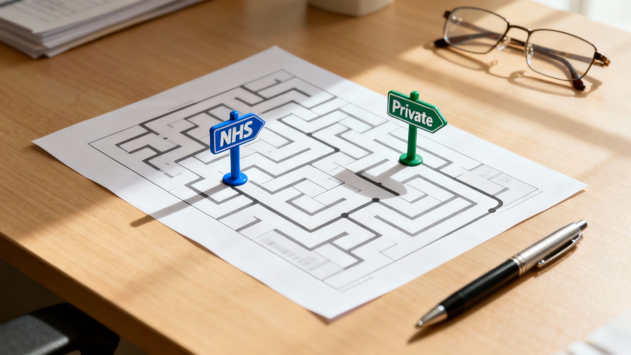 A maze on a wooden desk with toy signs pointing to NHS and Private options, symbolizing healthcare choices.