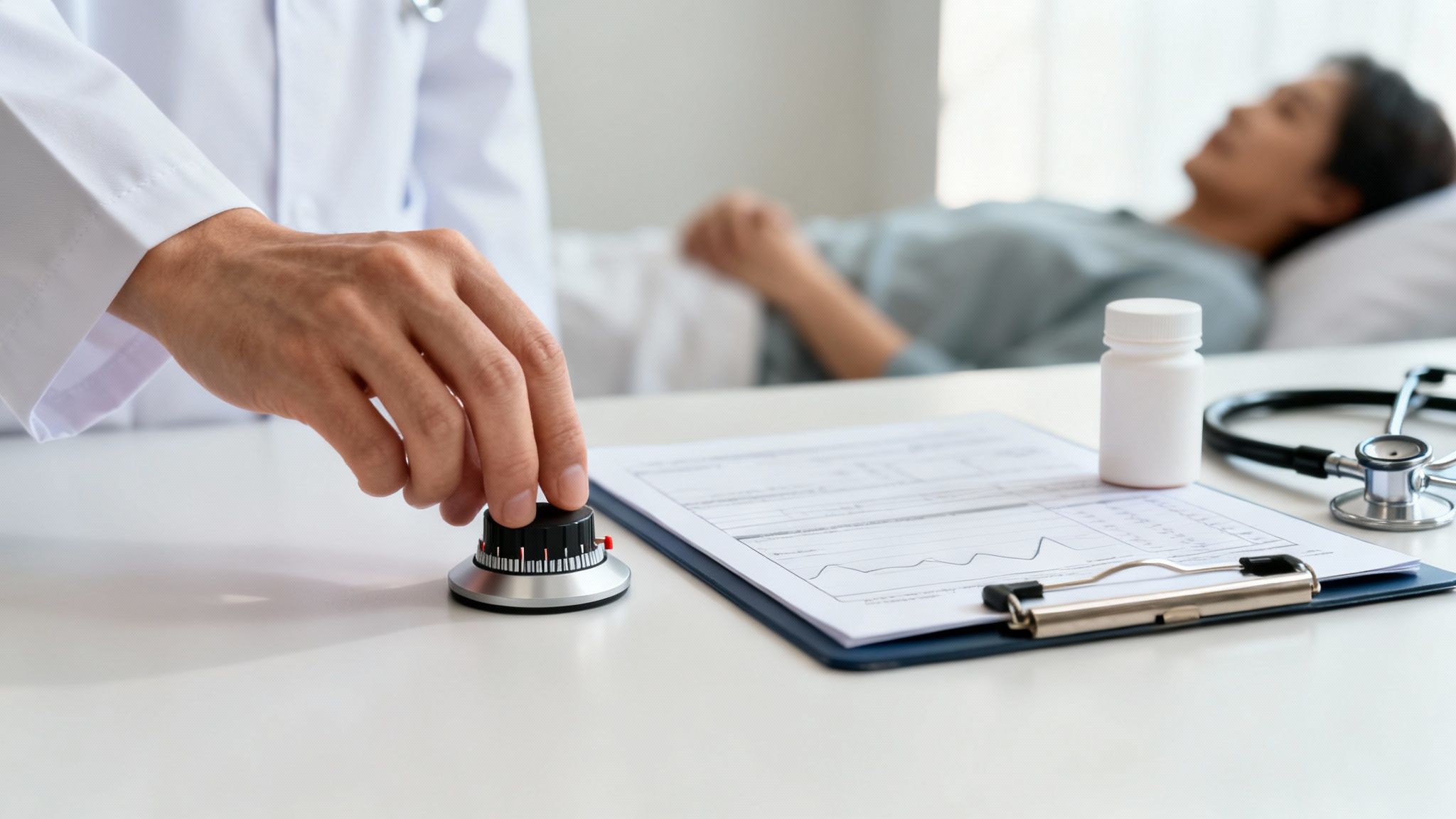 A doctor's hand adjusts a medical dial on a desk with a patient lying in the background.