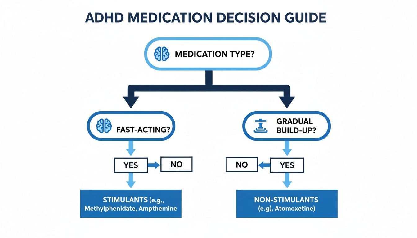 ADHD medication decision guide flowchart outlining choices between fast-acting stimulants and gradual build-up non-stimulants.