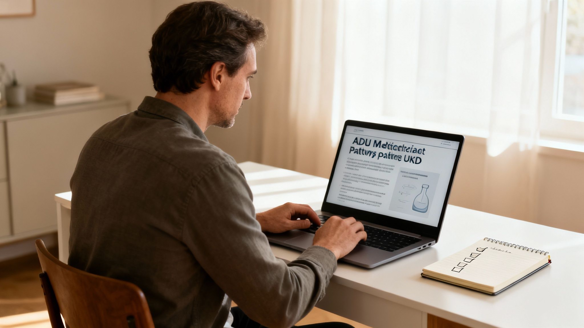 A focused man is typing on a laptop at a white desk in a bright home office.