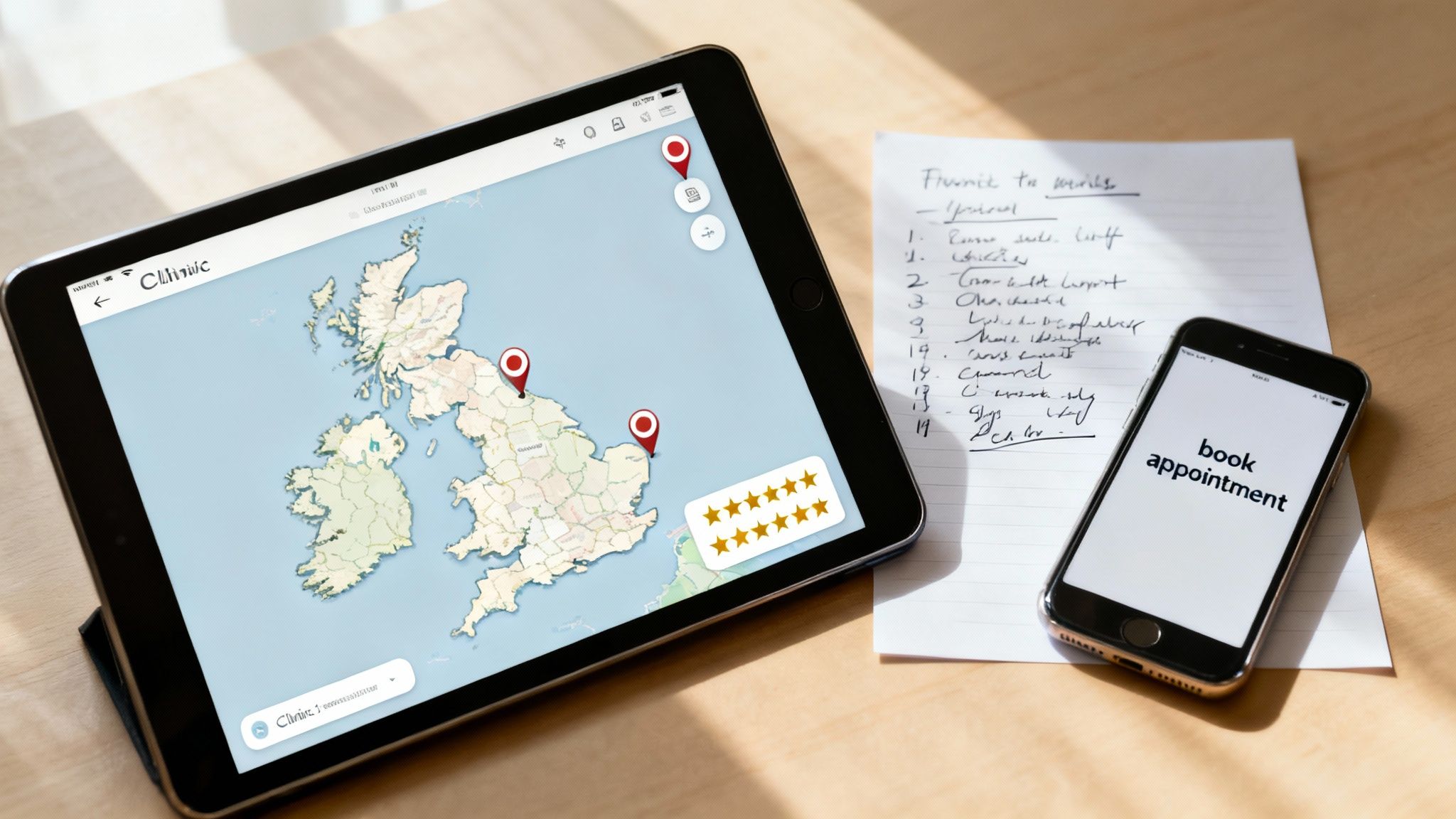 Tablet showing a map of UK clinics with ratings, next to a smartphone to book appointments and a handwritten list.