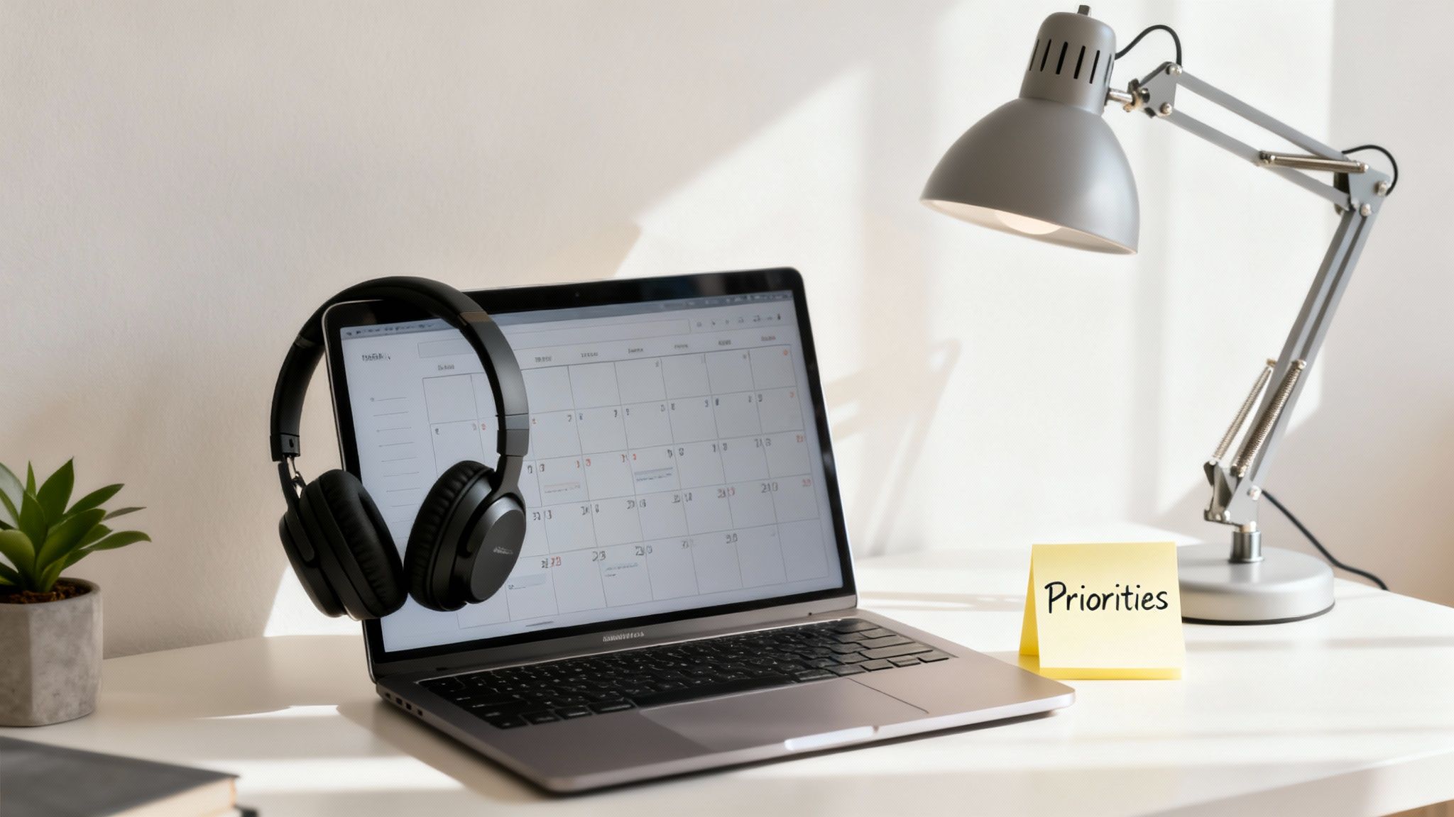 A bright workspace with a laptop displaying a calendar, headphones, and a 'Priorities' sticky note.