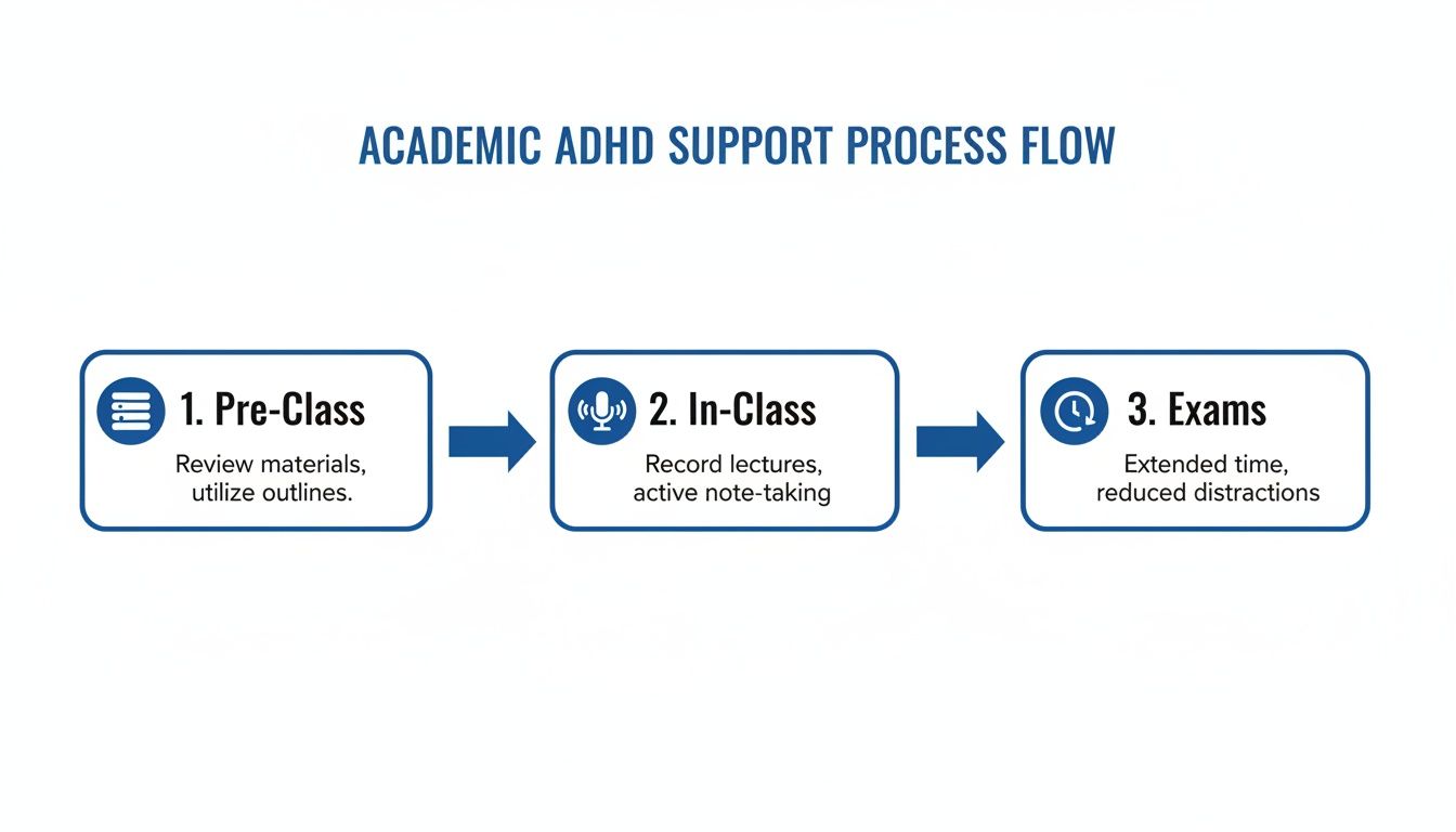 A flowchart detailing academic ADHD support processes including pre-class, in-class, and exam accommodations.
