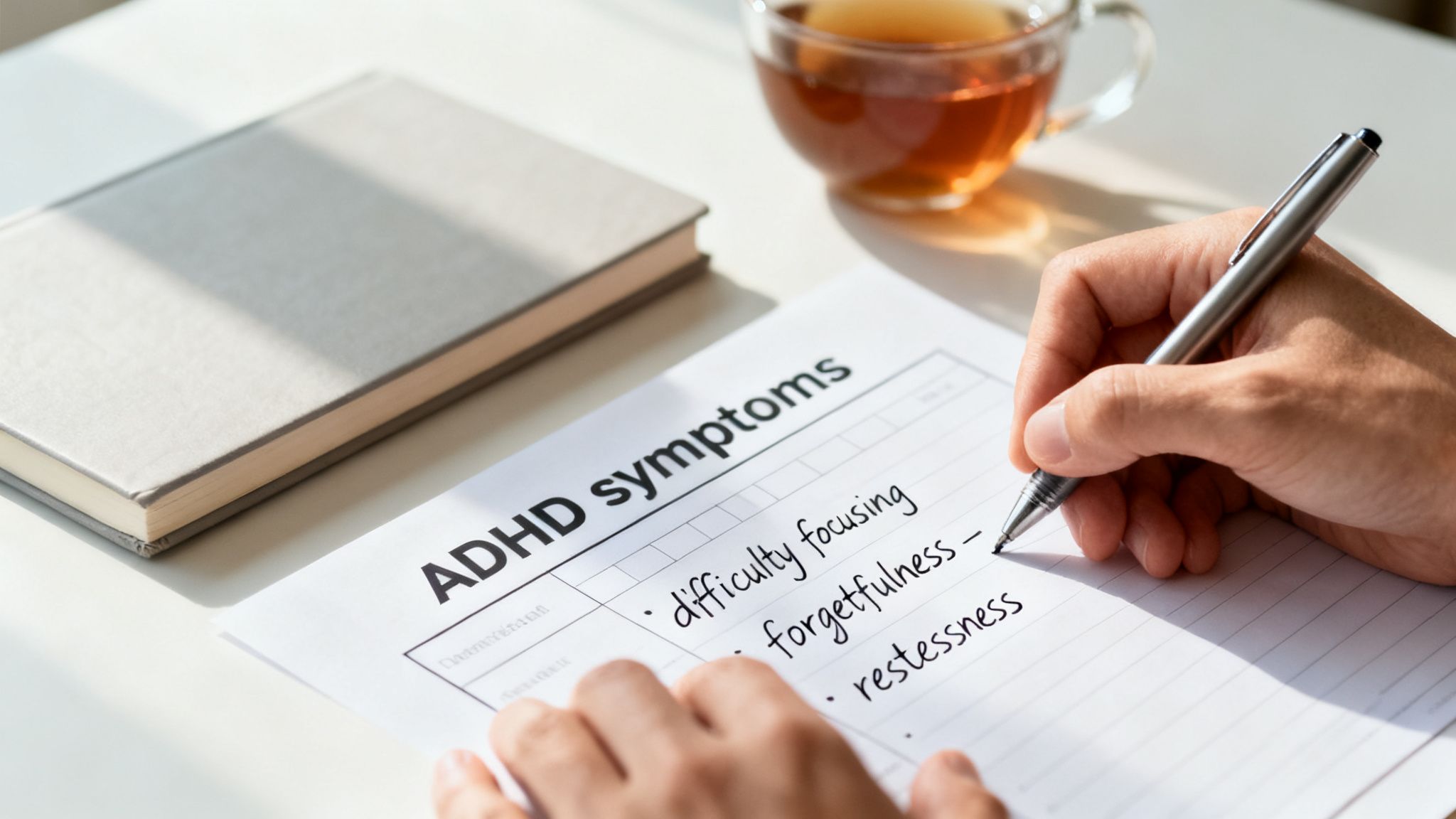 A person writing down ADHD symptoms like difficulty focusing and forgetfulness on a form.