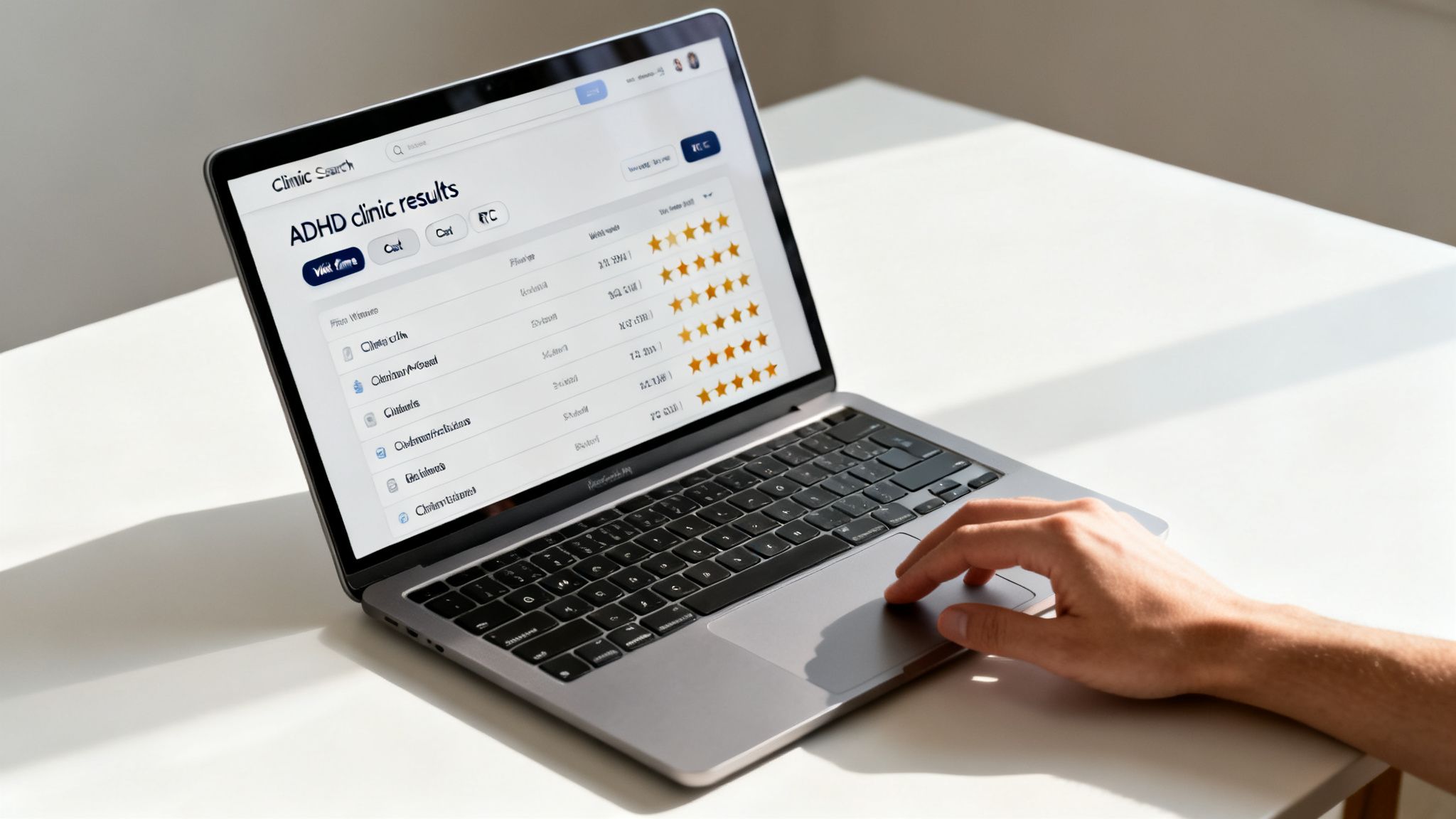 A person's hand on a laptop trackpad, displaying ADHD clinic search results with ratings and costs.