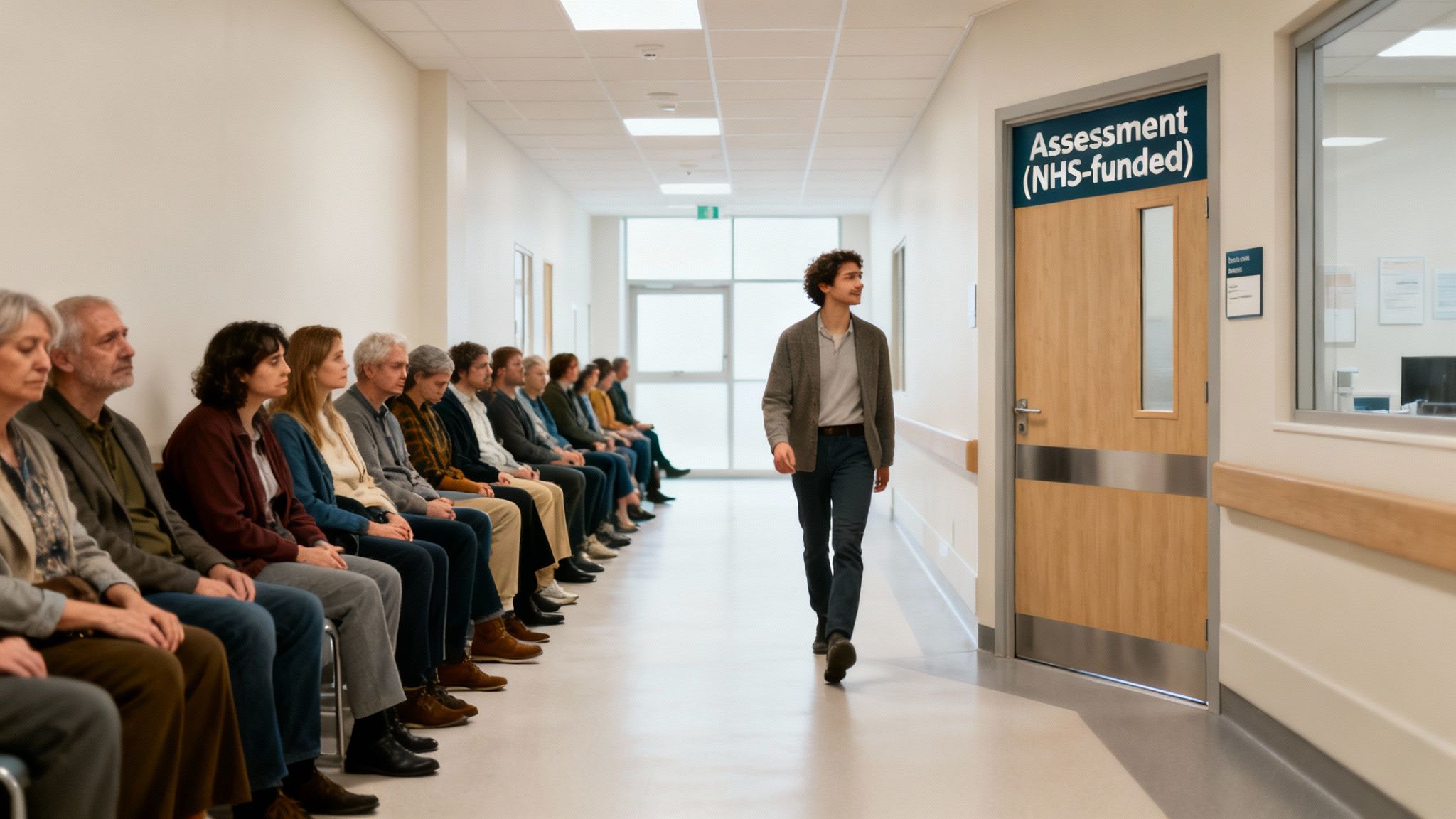 Diverse patients wait in a clinic hallway as a young man approaches an NHS assessment room.