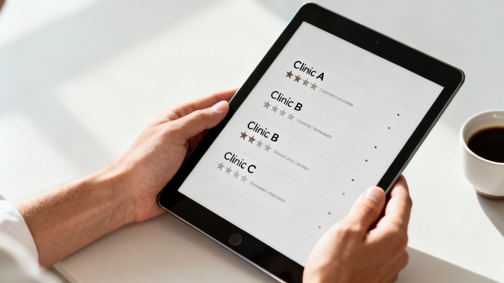 Person holding a tablet displaying clinic ratings on a white table with a coffee cup.
