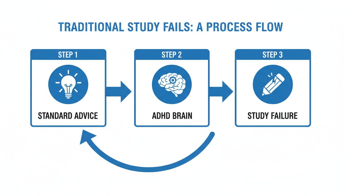 A process flow diagram illustrating how traditional study advice fails for an ADHD brain, leading to a cycle of study failure.