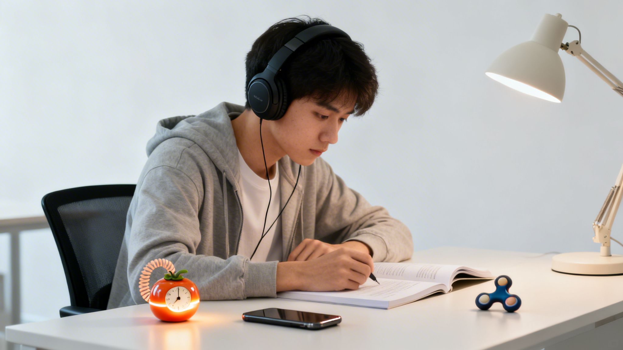A young student wearing headphones concentrates while writing in a textbook at a white desk.