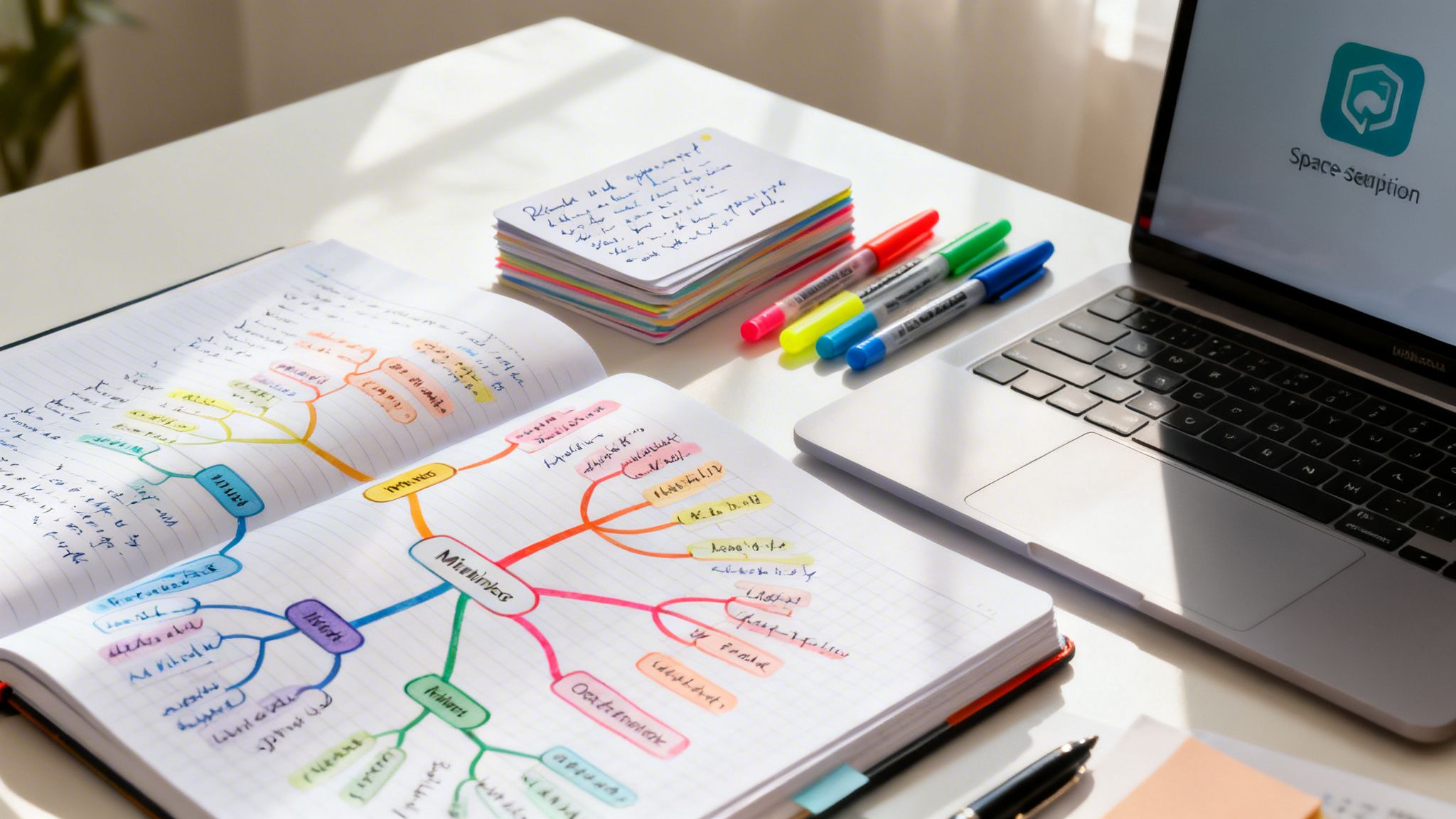 A bright study desk with a notebook open to a mind map, flashcards, highlighters, and a laptop.