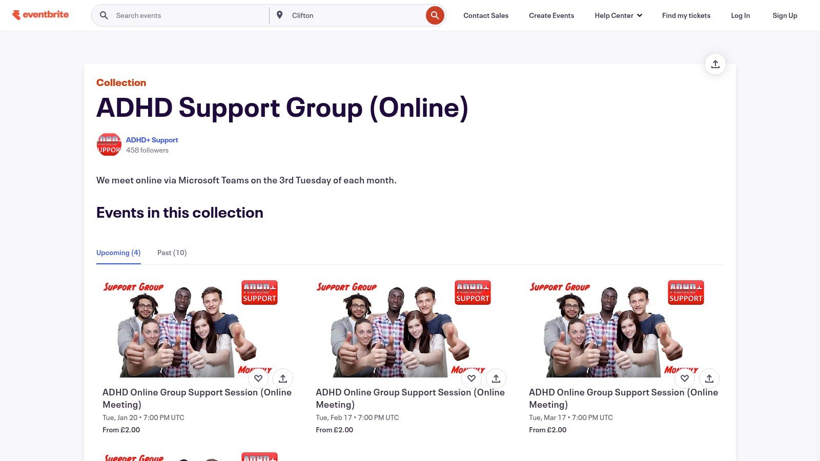 A screenshot of the Eventbrite website showing a search result for online ADHD events, demonstrating the platform's utility in finding support groups.
