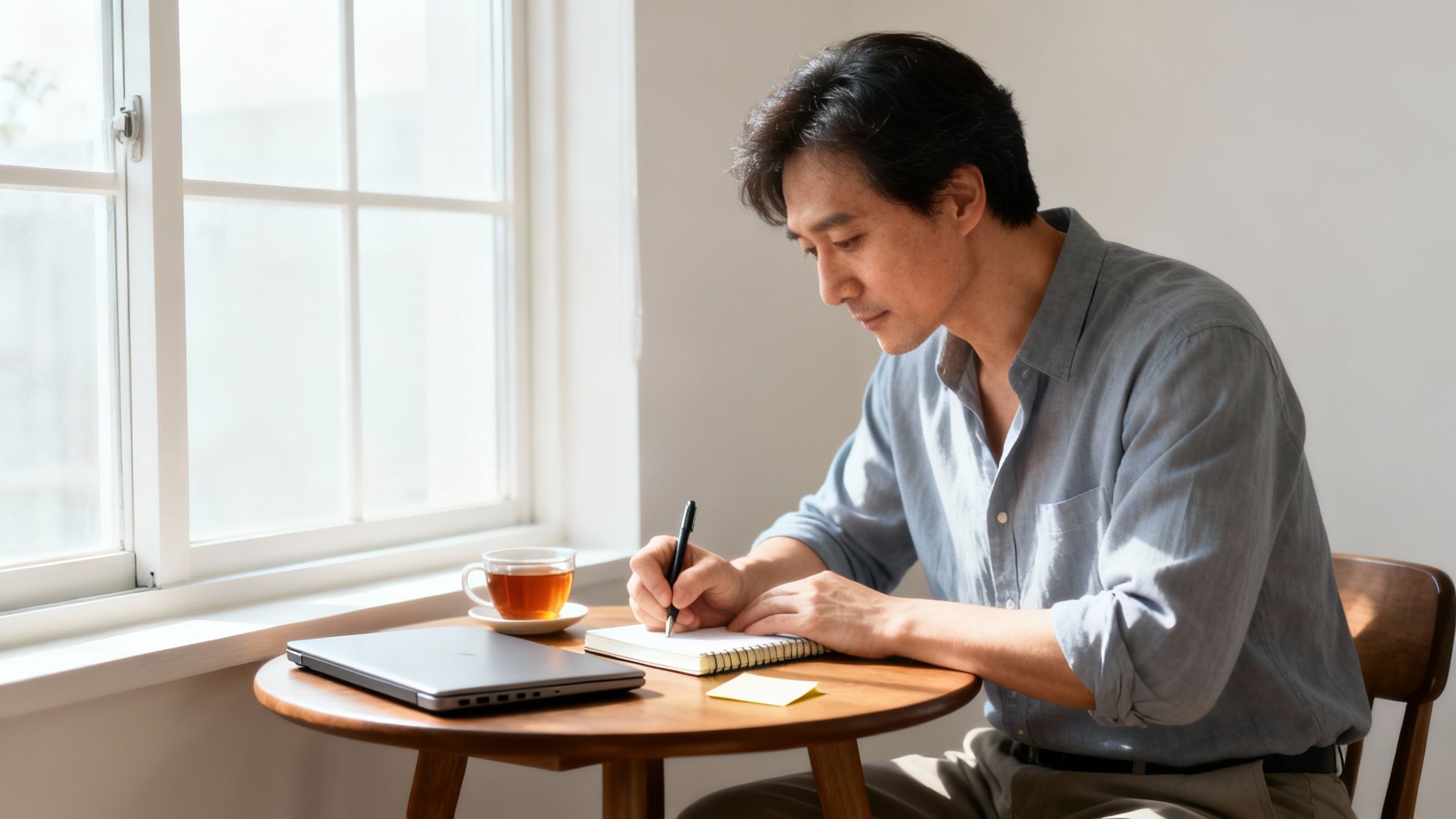 An Asian man in a blue shirt writes in a notebook at a table by a sunlit window.