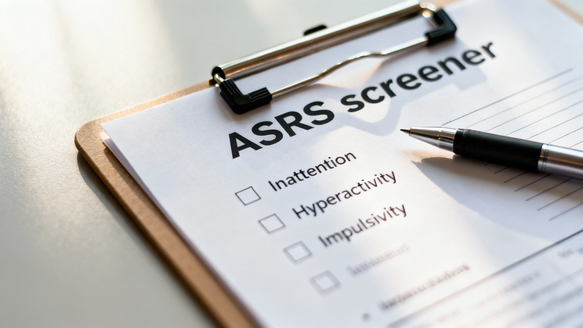 A pen rests on an ASRS screener form for ADHD, listing 'Inattention', 'Hyperactivity', and 'Impulsivity' symptoms.