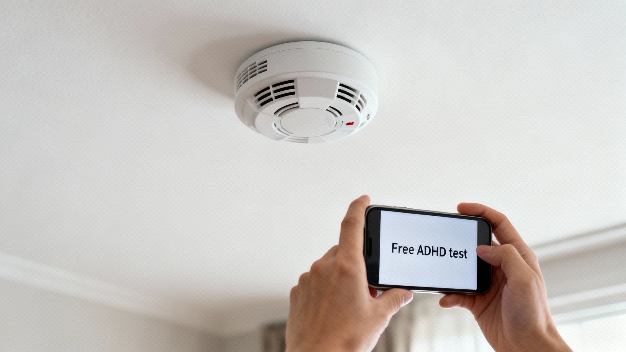 Hands hold a smartphone showing 'Free ADHD test' towards a smoke detector on a white ceiling.