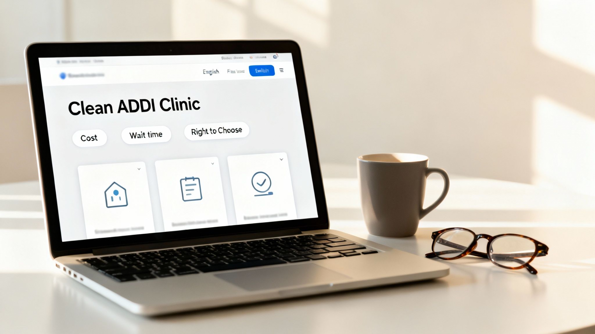 A laptop on a desk displays a 'Clean ADDI Clinic' website with options for cost, wait time, and right to choose, alongside a mug and glasses.