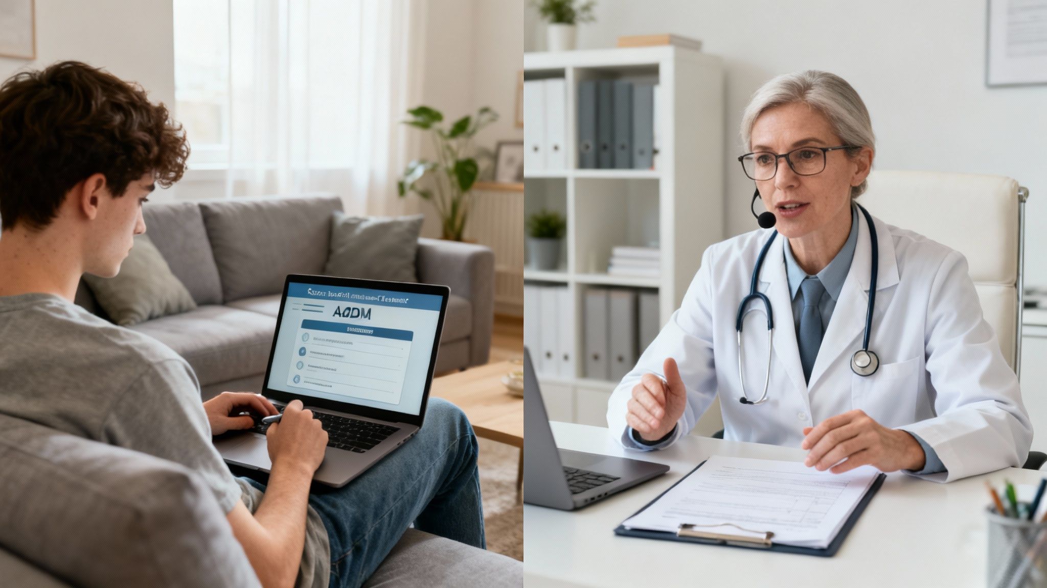 Young man taking an online ADHD test on a laptop, with a doctor providing a remote video consultation.